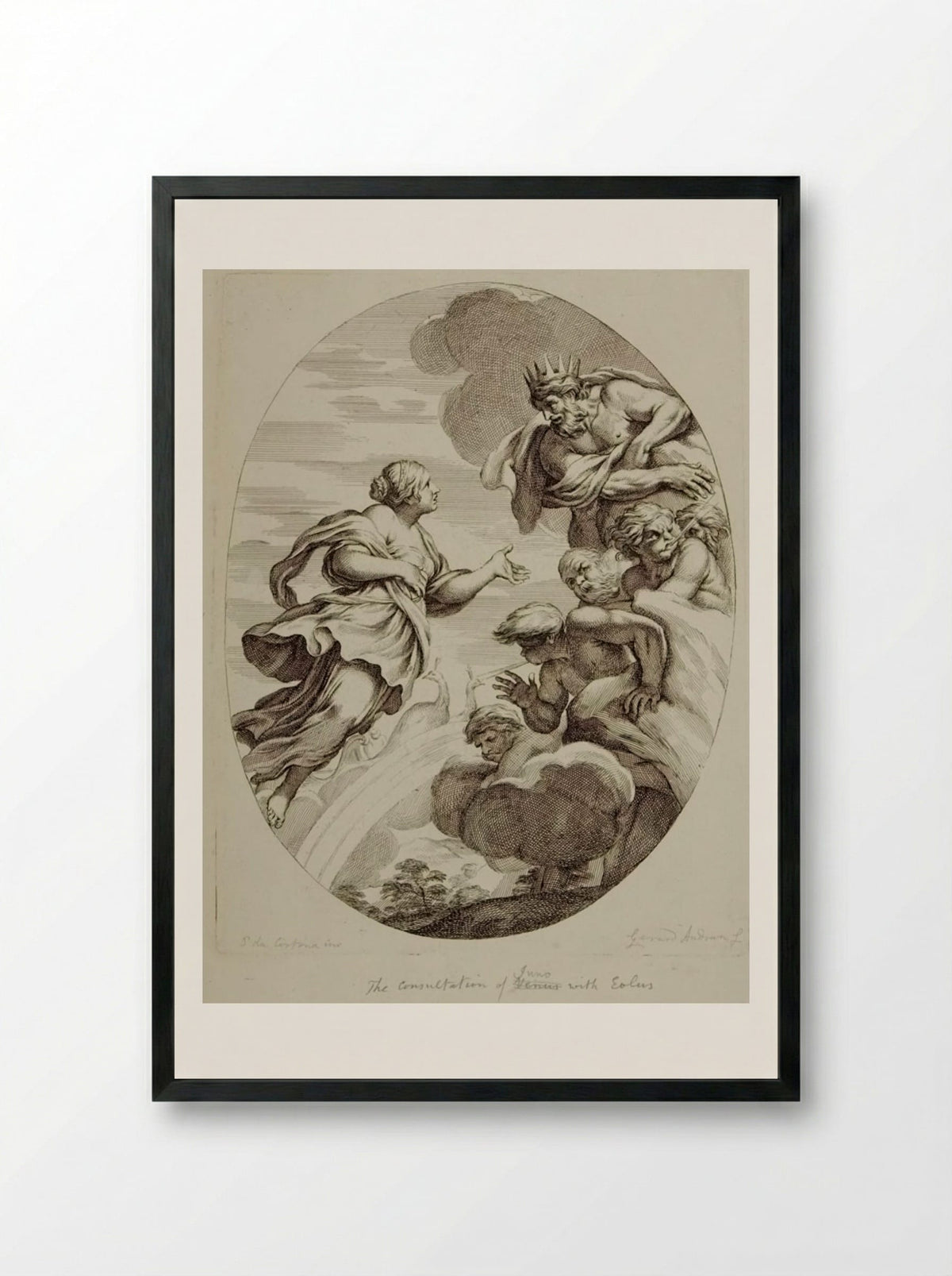 Juno Entreats Aeolus to Loose the Winds against the Fleet of Aeneas - Gérard Audran - Framed Print Black