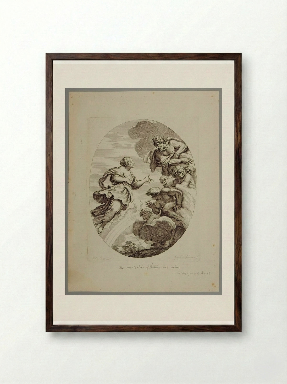 Juno Entreats Aeolus to Loose the Winds against the Fleet of Aeneas - Gérard Audran - Framed Print Dark Wood