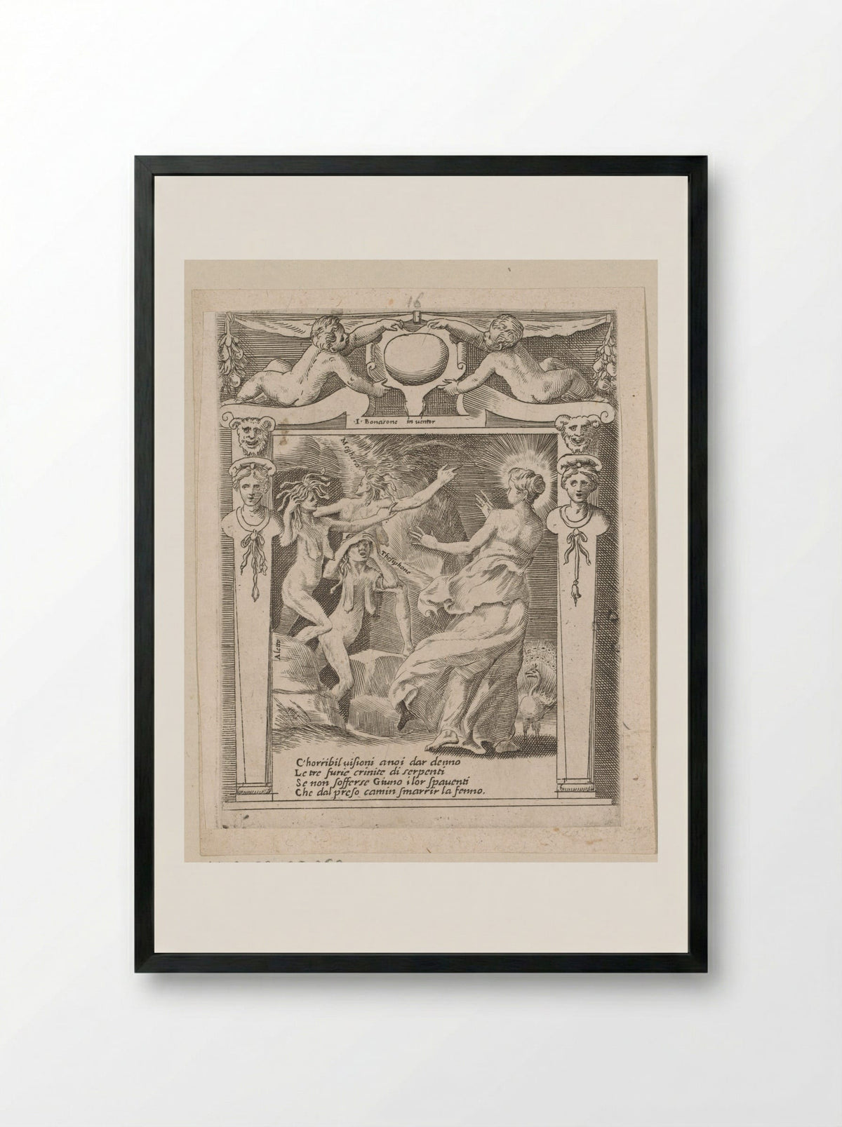 Juno Frightened by the Furies - Giulio Bonasone - Framed Print Black