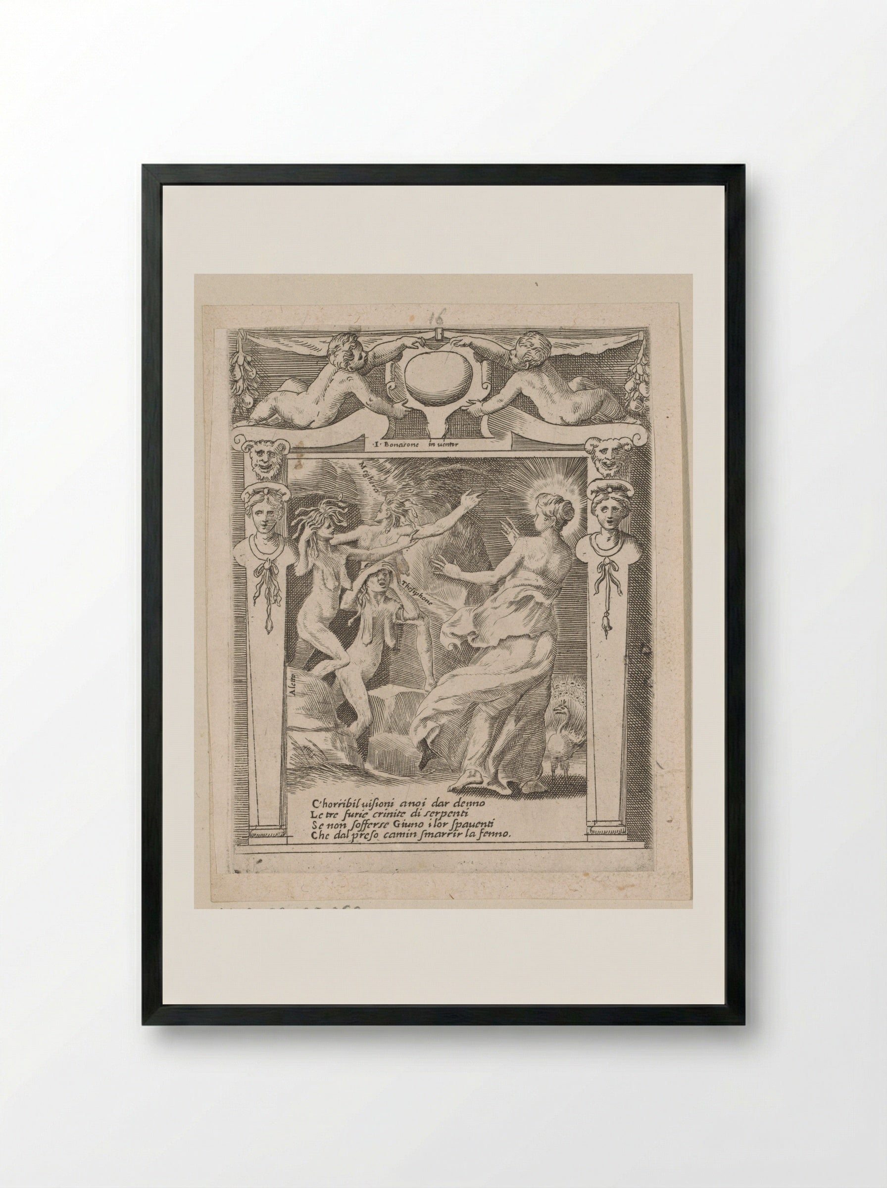 Juno Frightened by the Furies - Giulio Bonasone - Framed Print Black