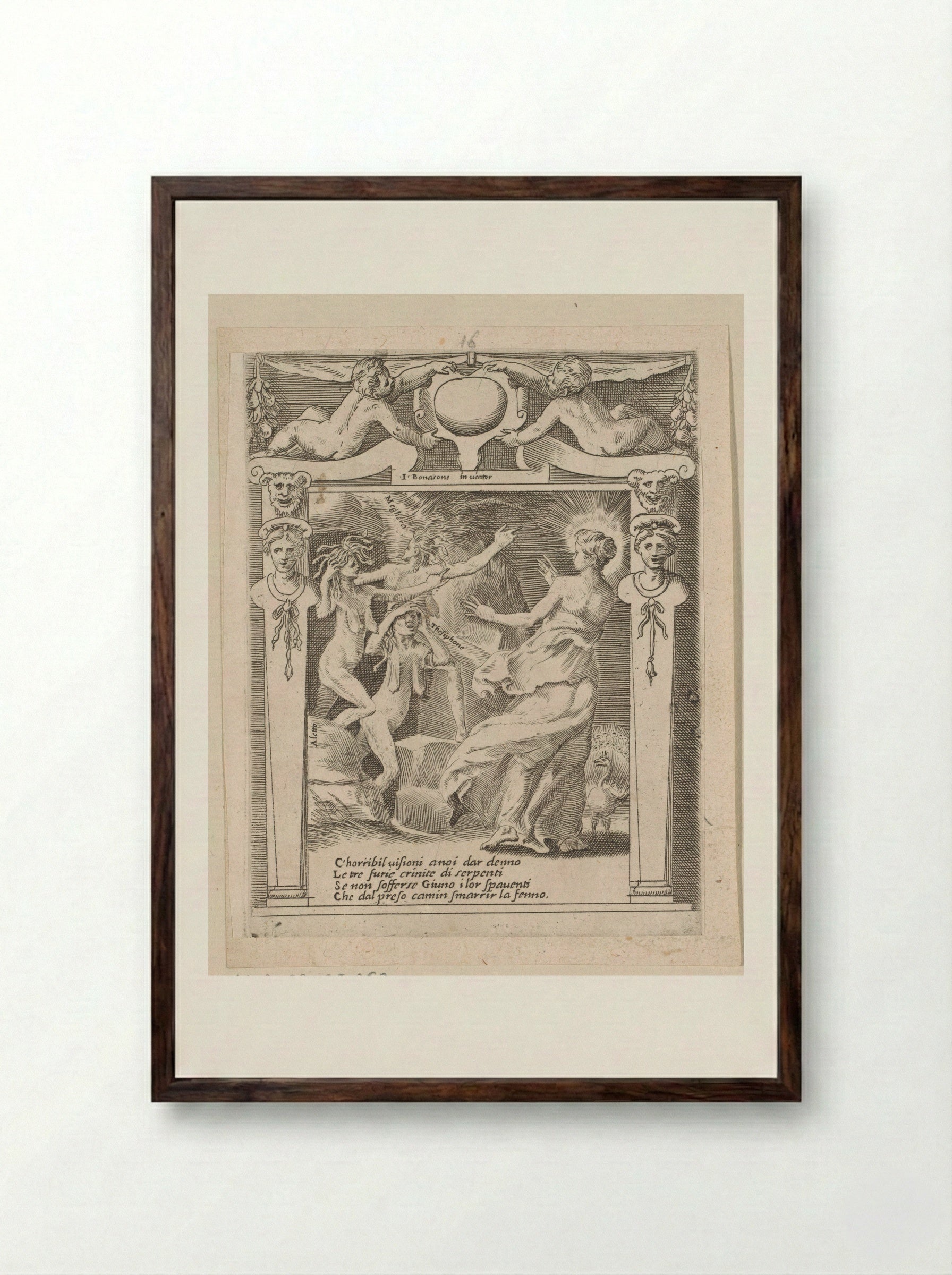 Juno Frightened by the Furies - Giulio Bonasone - Framed Print Dark Wood