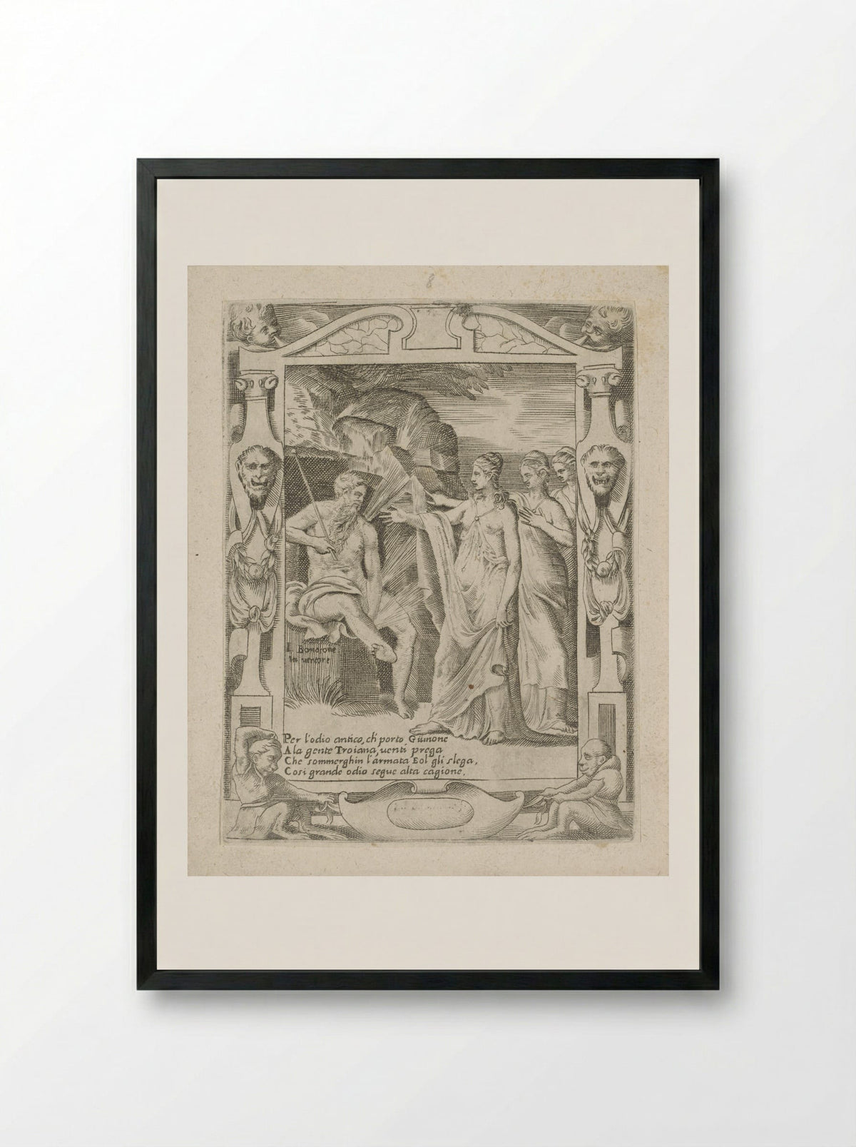 Juno Requests Aeolus to Release the Winds - Giulio Bonasone - Framed Print Black