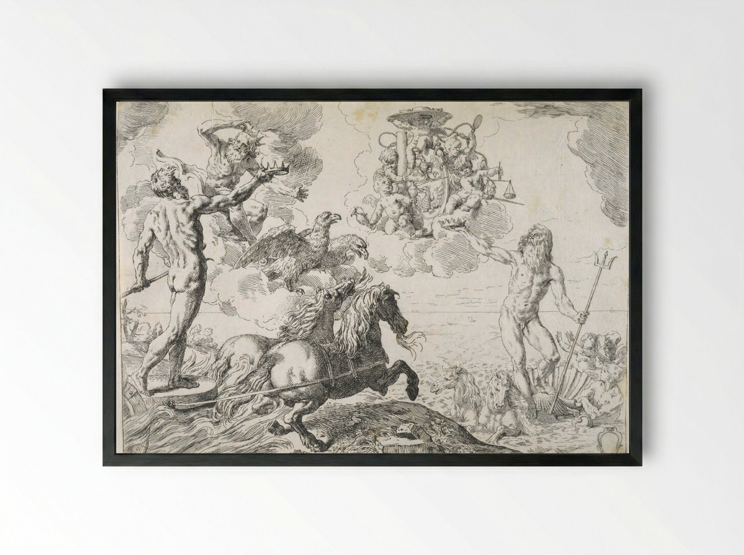Jupiter, Neptune, and Pluto Offering their Crowns to the Arms of Cardinal Barberini - Simone Cantarini - Framed Print Black