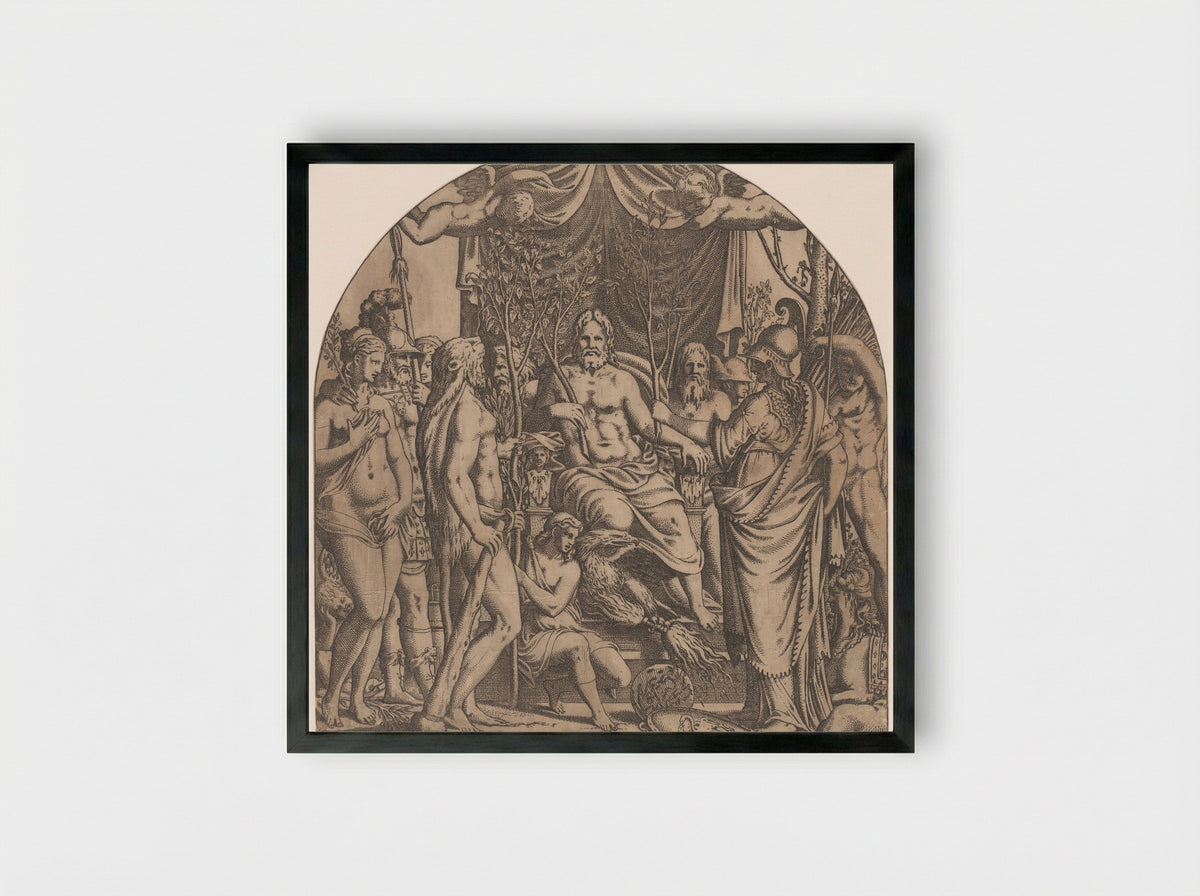 Jupiter Surrounded by Gods with Branches of Sacred Trees - Léon Davent - Framed Print Black