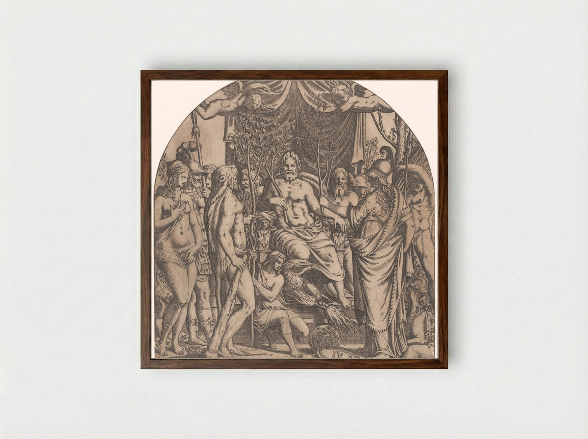 Jupiter Surrounded by Gods with Branches of Sacred Trees - Léon Davent - Framed Print Dark Wood