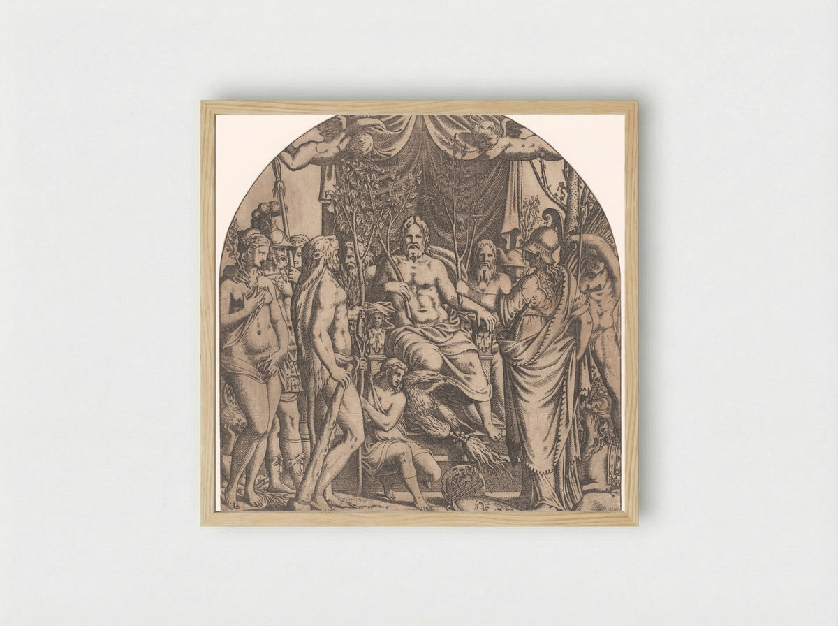 Jupiter Surrounded by Gods with Branches of Sacred Trees - Léon Davent - Framed Print Wood