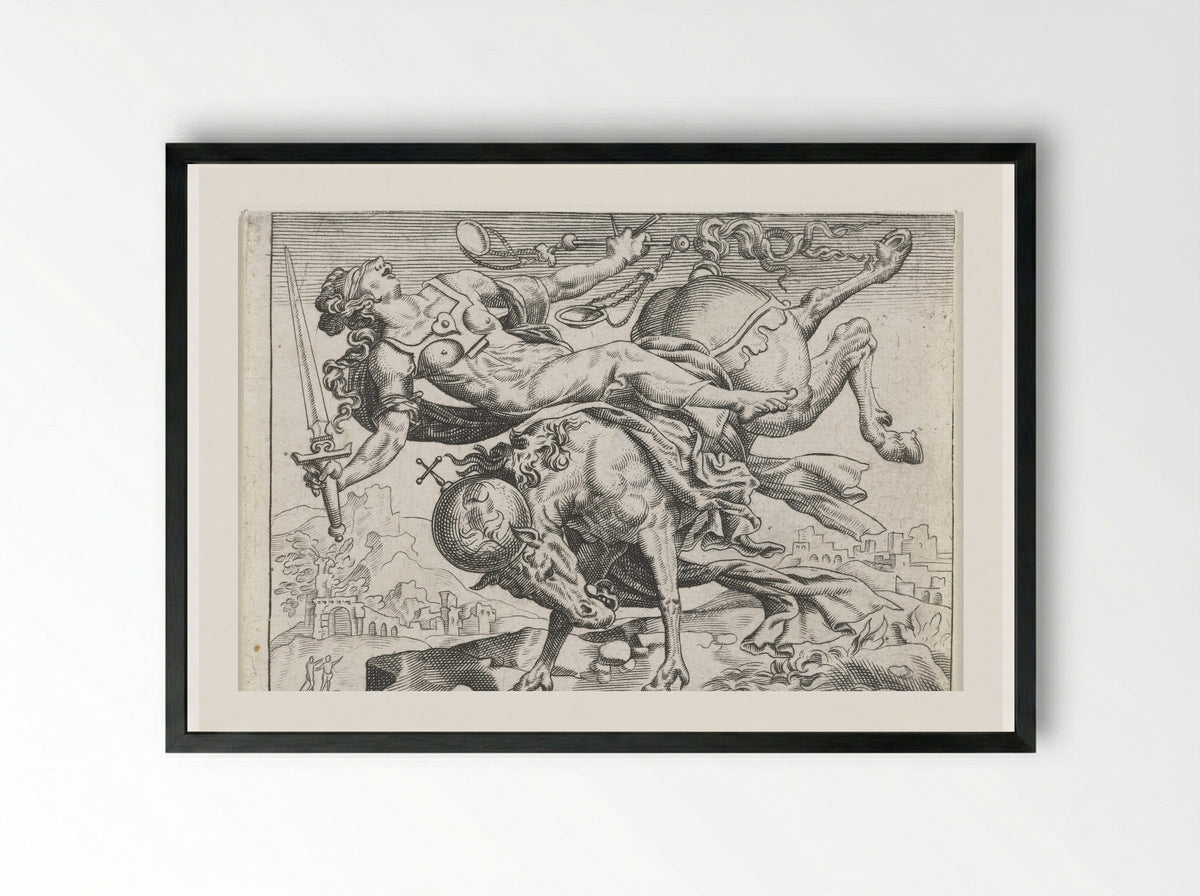 Justitia Falling from a Rearing Horse - Johann Theodor de Bry - Framed Print Black
