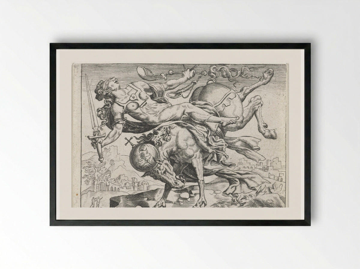 Justitia Falling from a Rearing Horse - Johann Theodor de Bry - Framed Print Black