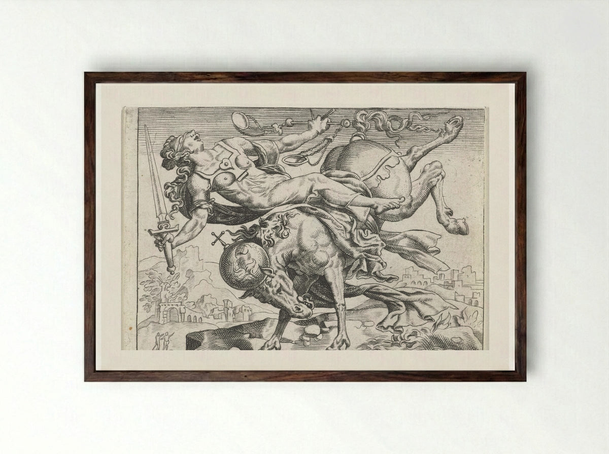Justitia Falling from a Rearing Horse - Johann Theodor de Bry - Framed Print Dark Wood