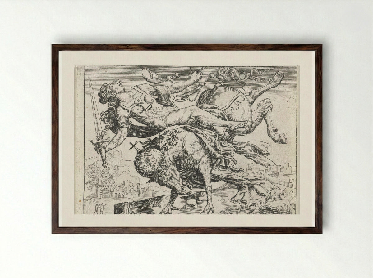 Justitia Falling from a Rearing Horse - Johann Theodor de Bry - Framed Print Dark Wood