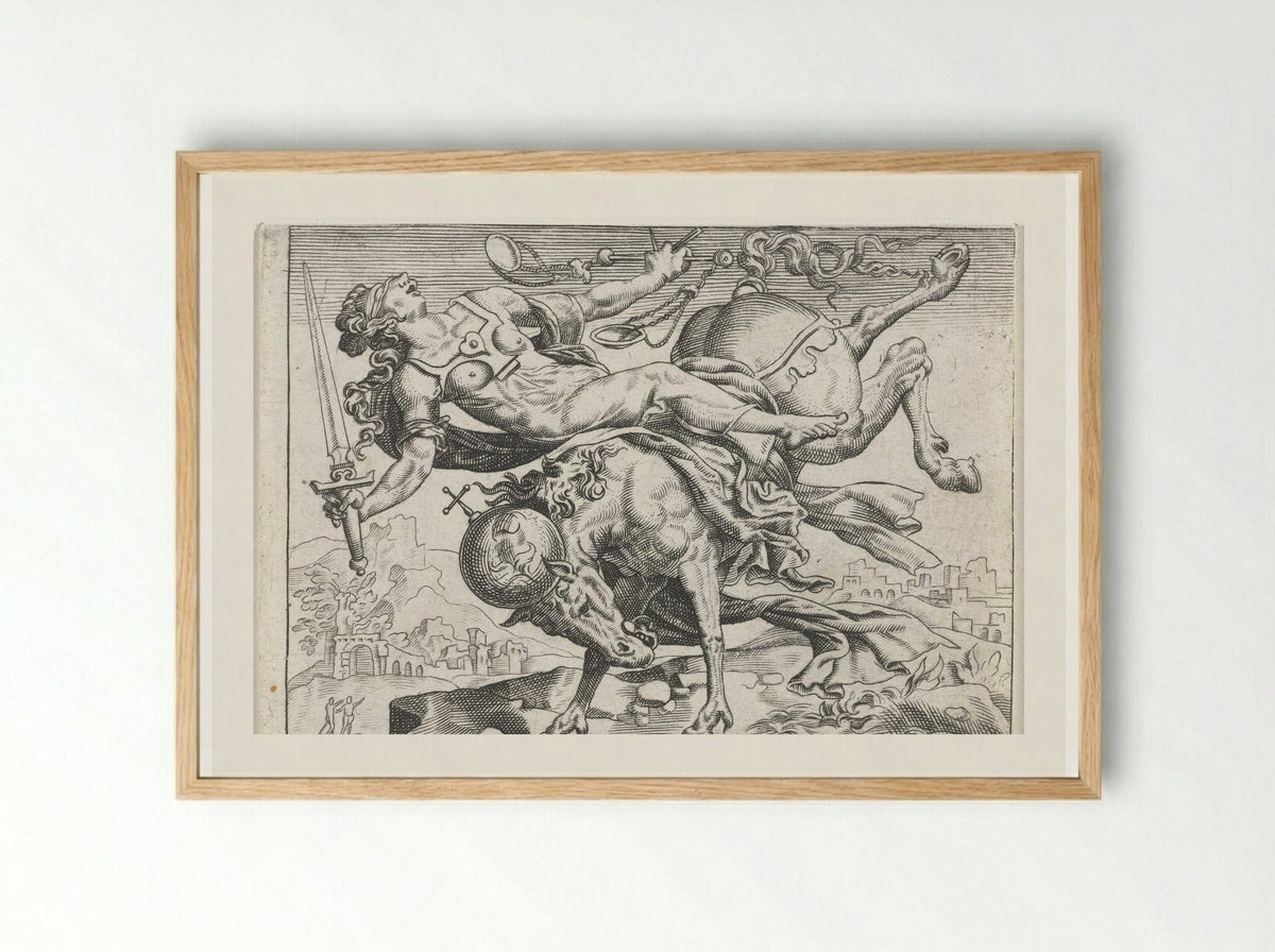Justitia Falling from a Rearing Horse - Johann Theodor de Bry - Framed Print Wood