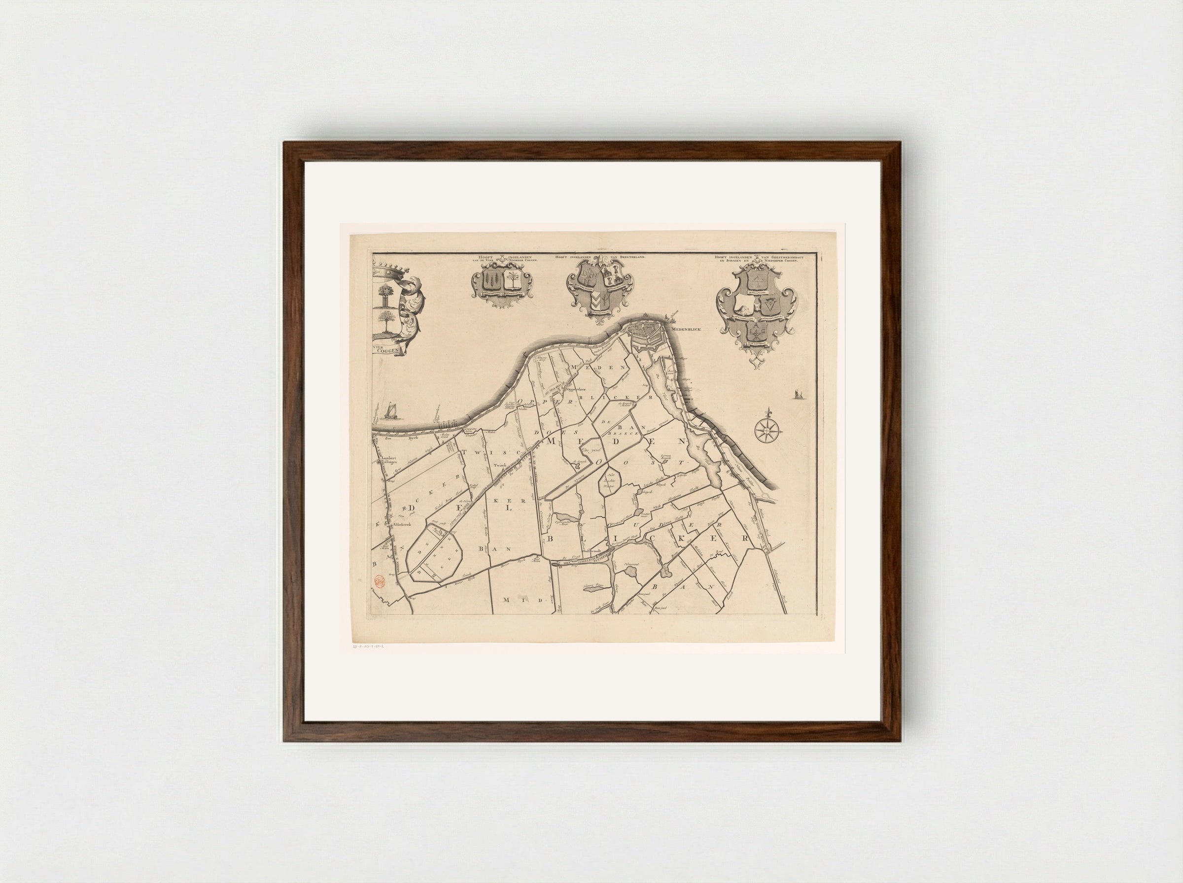 Kaart van het dijkgraafschap van de Vier Noorder Koggen (deel rechtsboven) - Hendrik de Leth - Framed Print Dark Wood