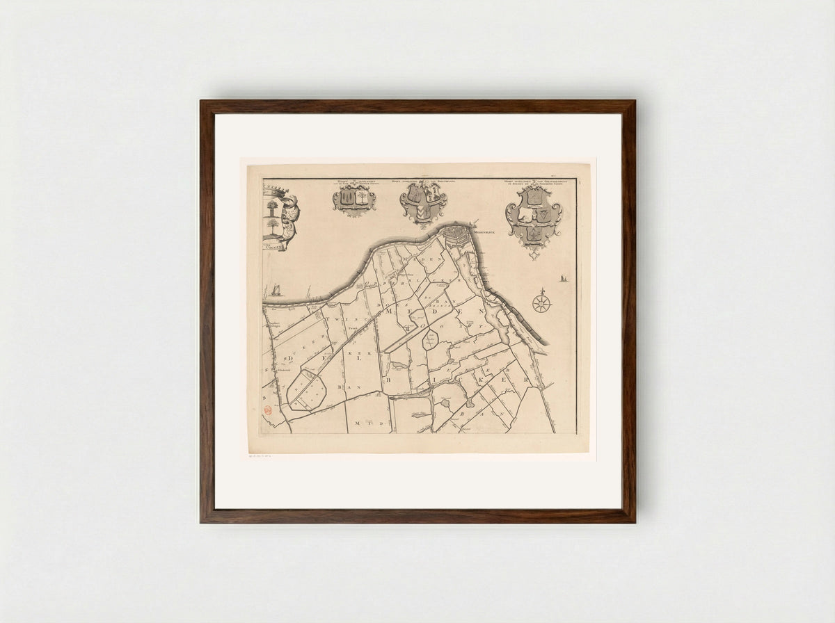 Kaart van het dijkgraafschap van de Vier Noorder Koggen (deel rechtsboven) - Hendrik de Leth - Framed Print Dark Wood