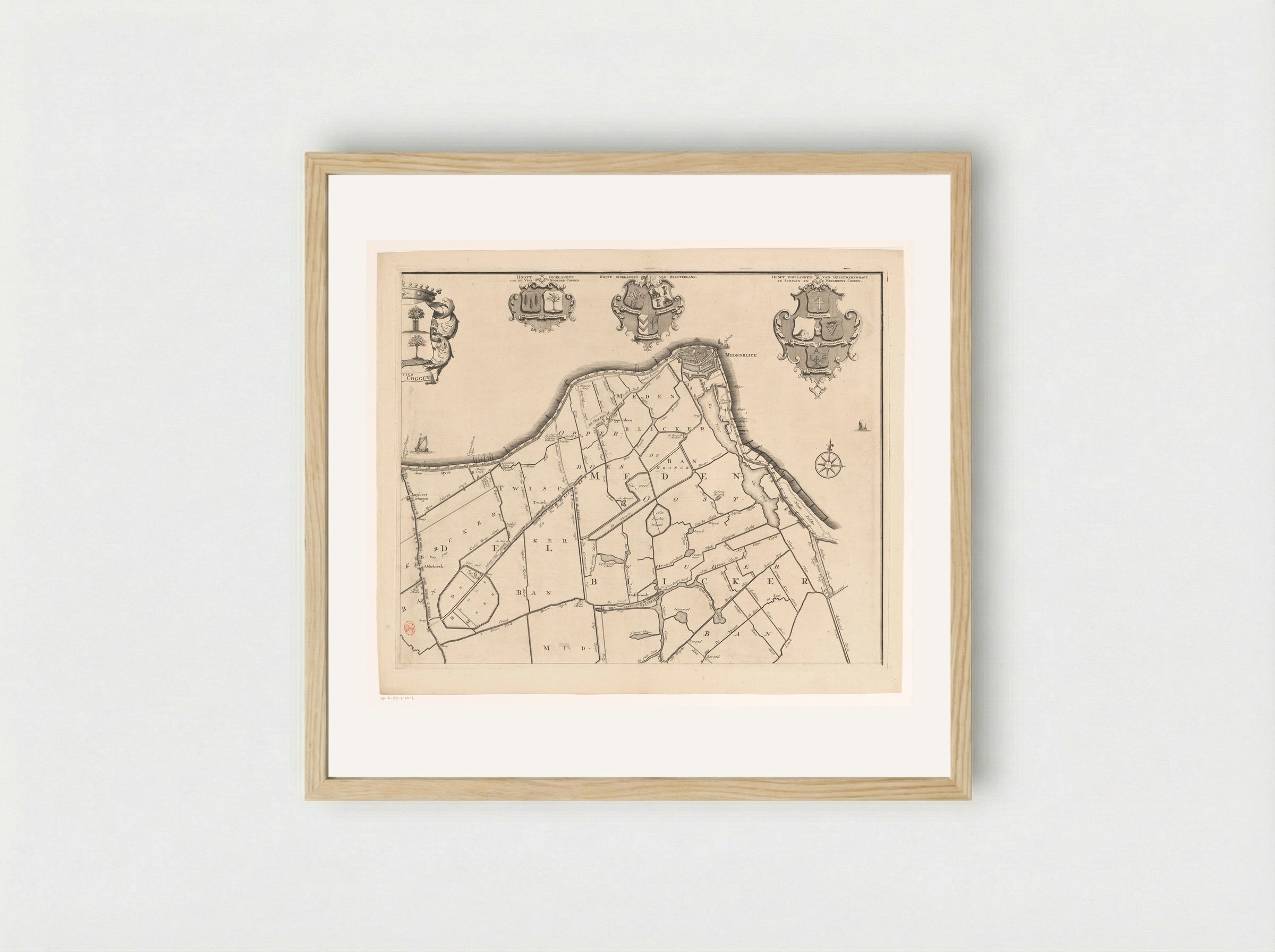 Kaart van het dijkgraafschap van de Vier Noorder Koggen (deel rechtsboven) - Hendrik de Leth - Framed Print Wood
