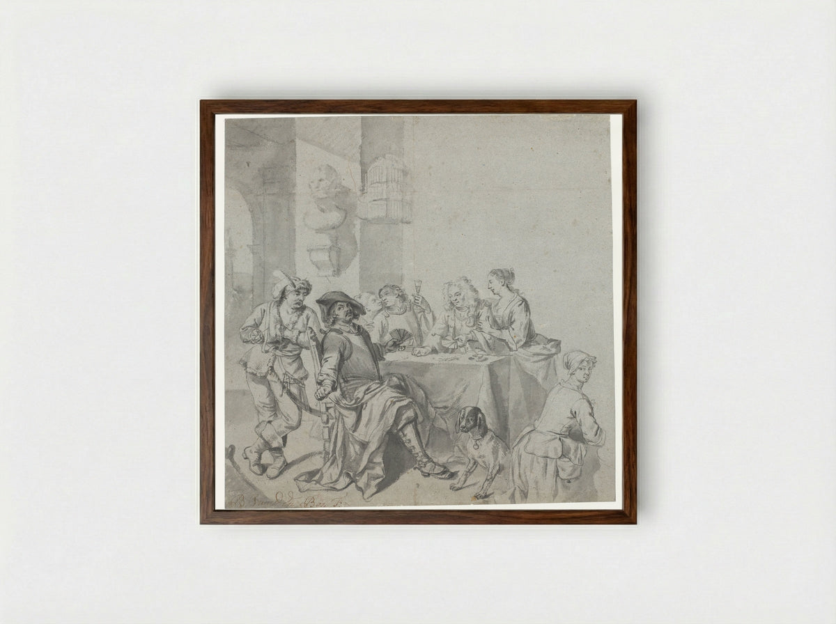 Kaartspelend gezelschap - Balthasar van den Bossche - Framed Print Dark Wood