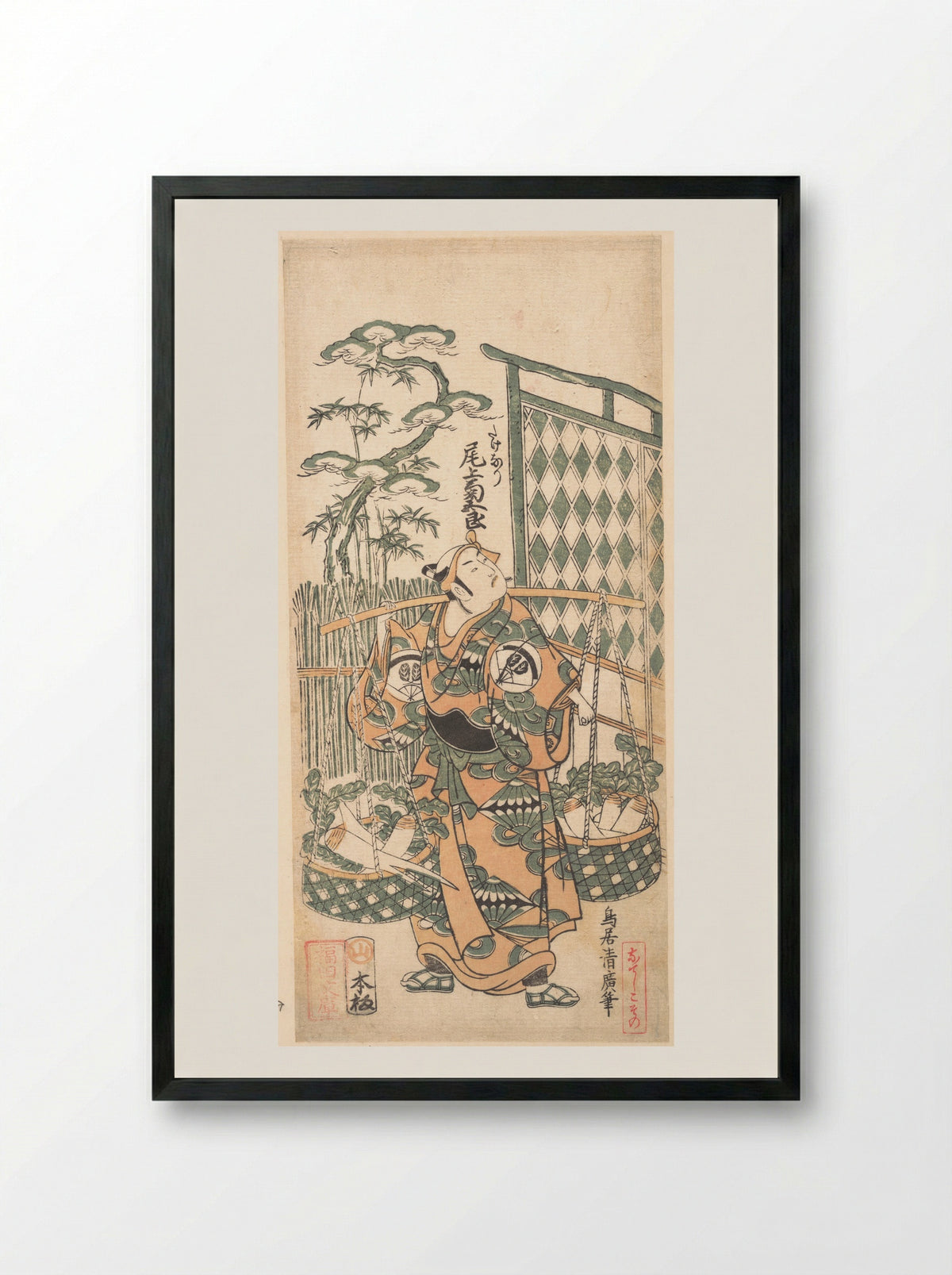 Kabuki Actor Onoe Kikugorō I in The Belle of Asakusa Temple - Torii Kiyohiro - Framed Print Black