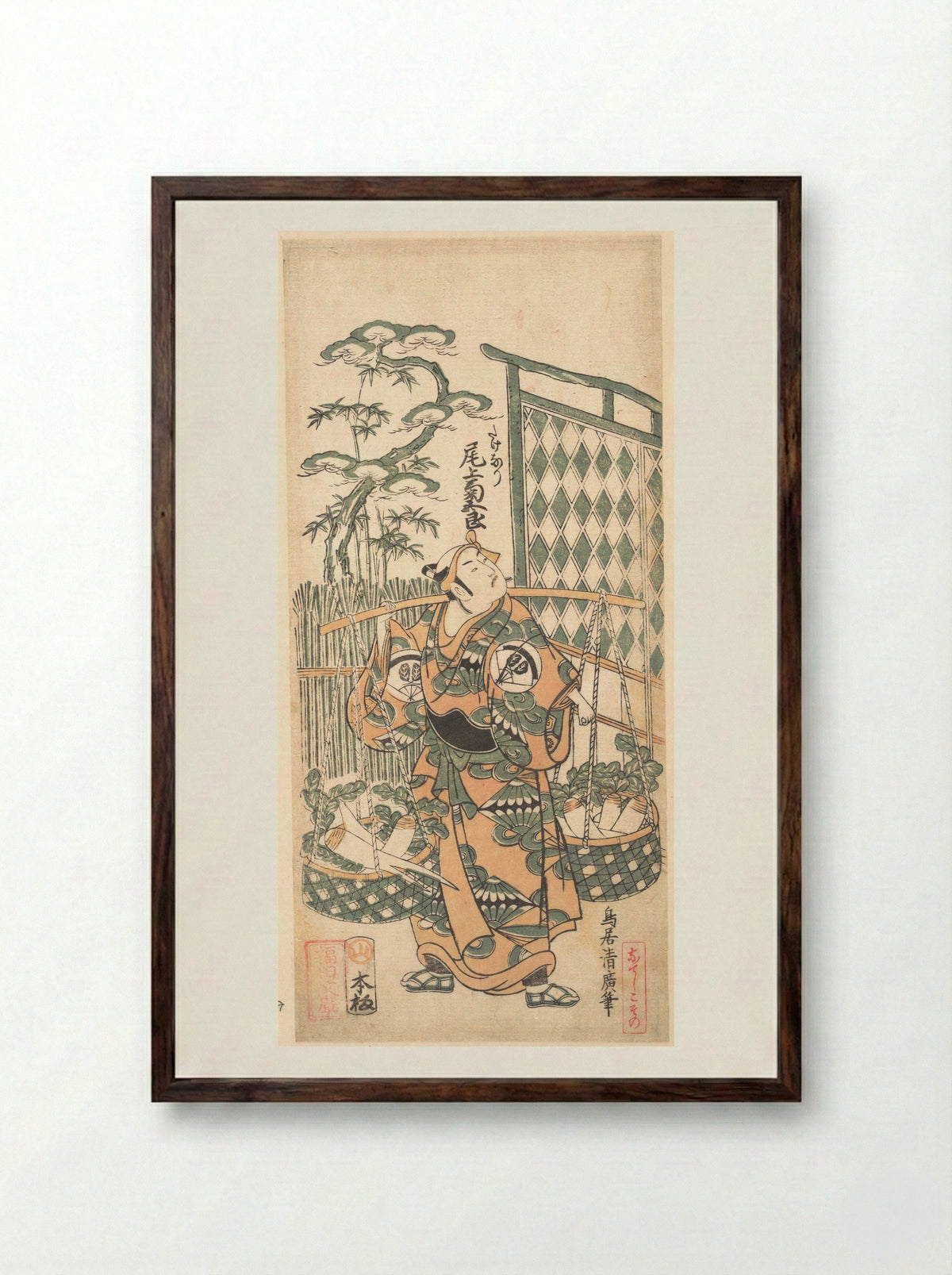 Kabuki Actor Onoe Kikugorō I in The Belle of Asakusa Temple - Torii Kiyohiro - Framed Print Dark Wood