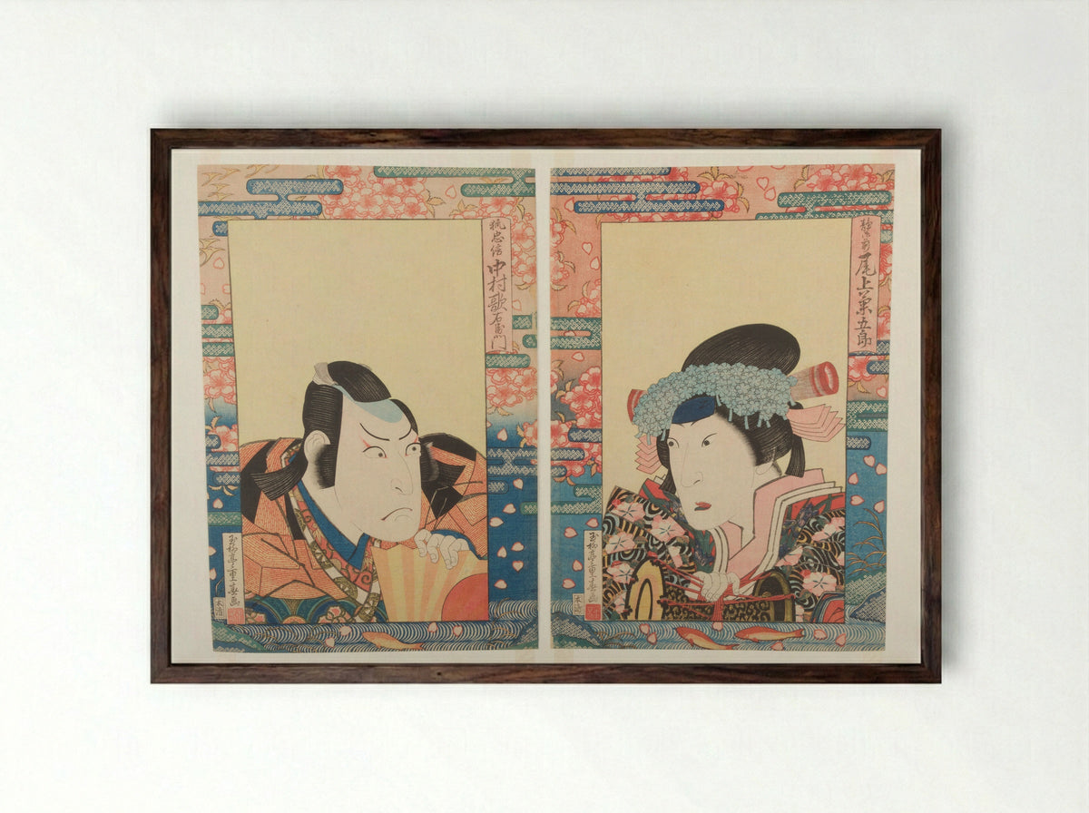 Kabuki Actors in Yoshitsune senbon zakura - Gyokuryūtei Shigeharu - Framed Print Dark Wood