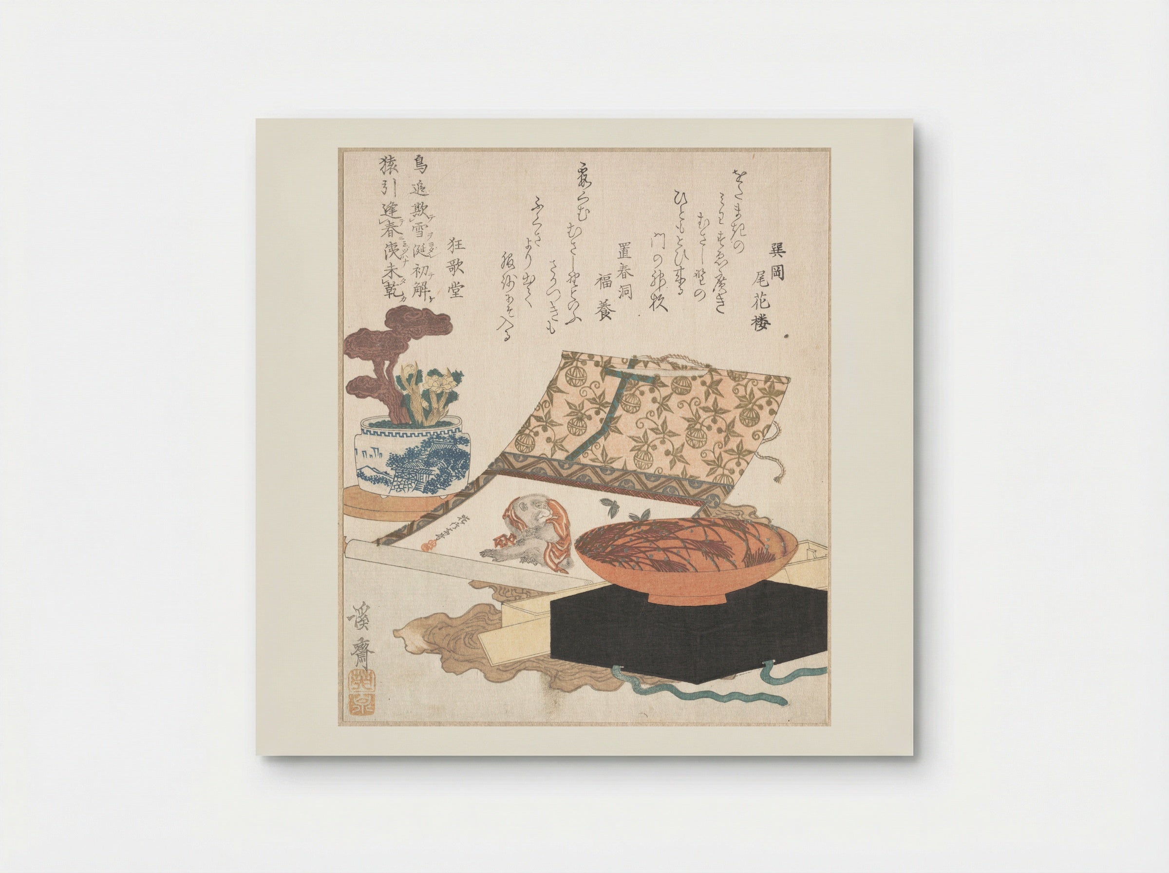 Kakemono of Monkey, Wine Cup and Potted Plants - Keisai Eisen - Poster
