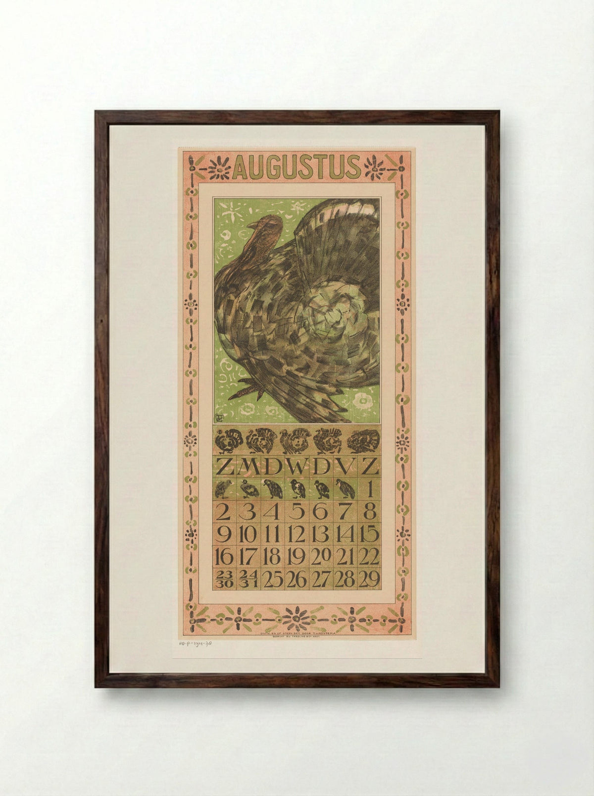 Kalenderblad augustus met kalkoen - Theo van Hoytema - Framed Print Dark Wood