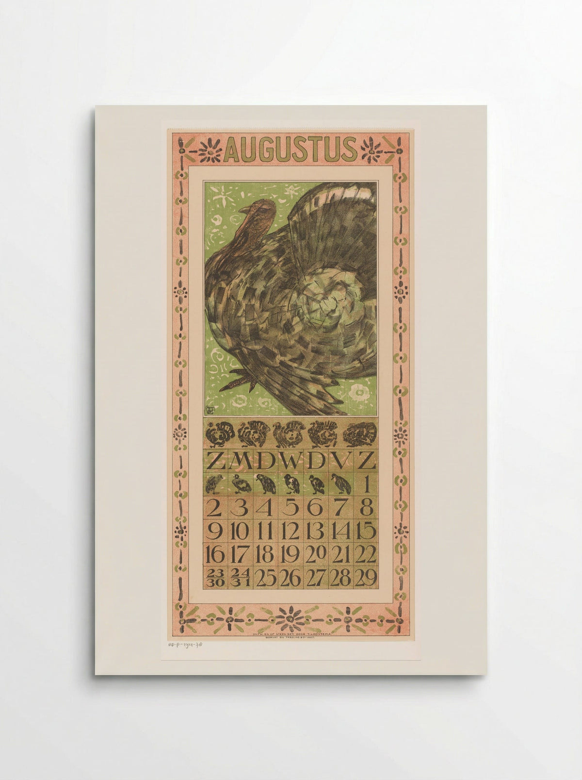 Kalenderblad augustus met kalkoen - Theo van Hoytema - Poster