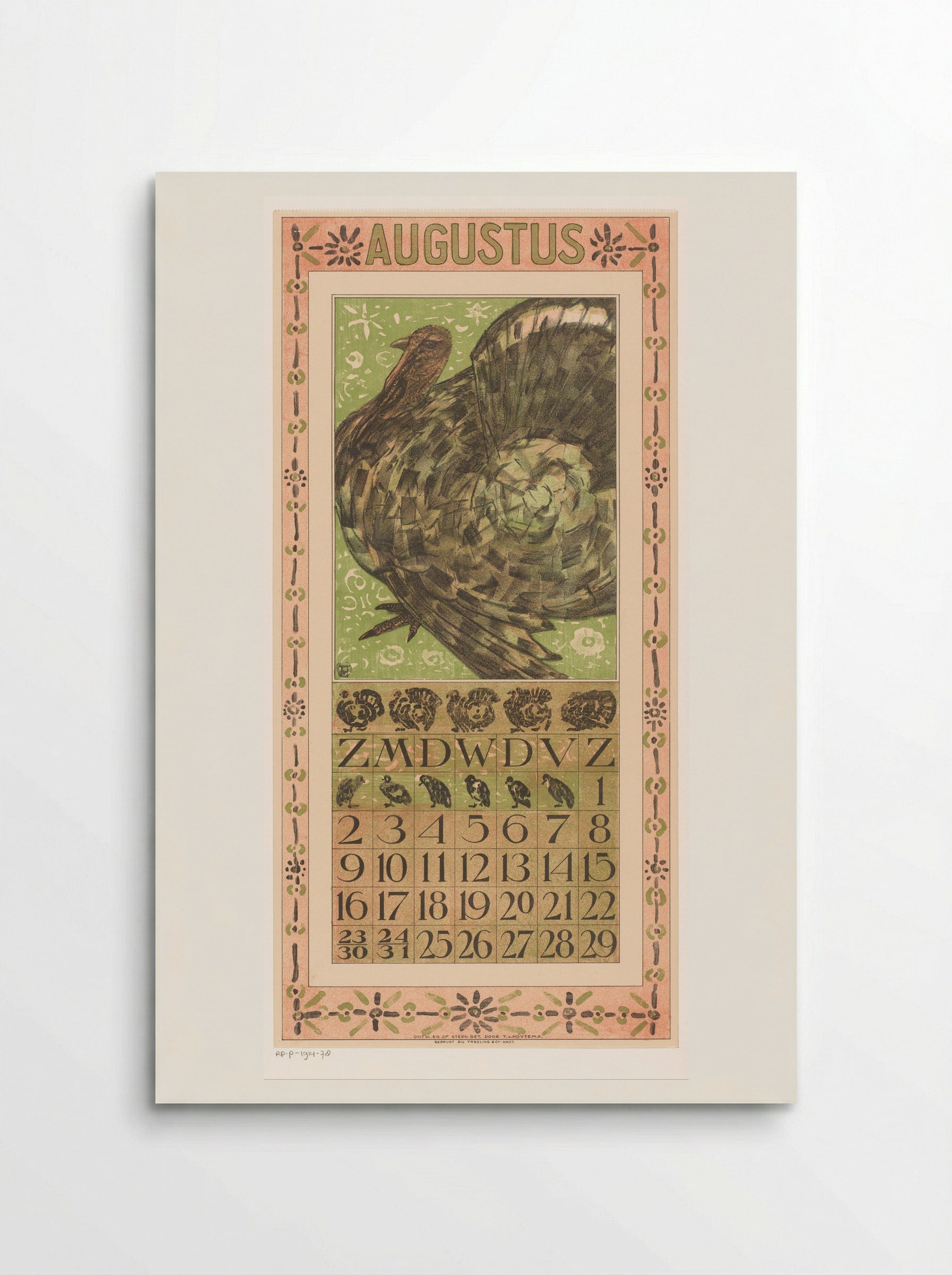 Kalenderblad augustus met kalkoen - Theo van Hoytema - Poster