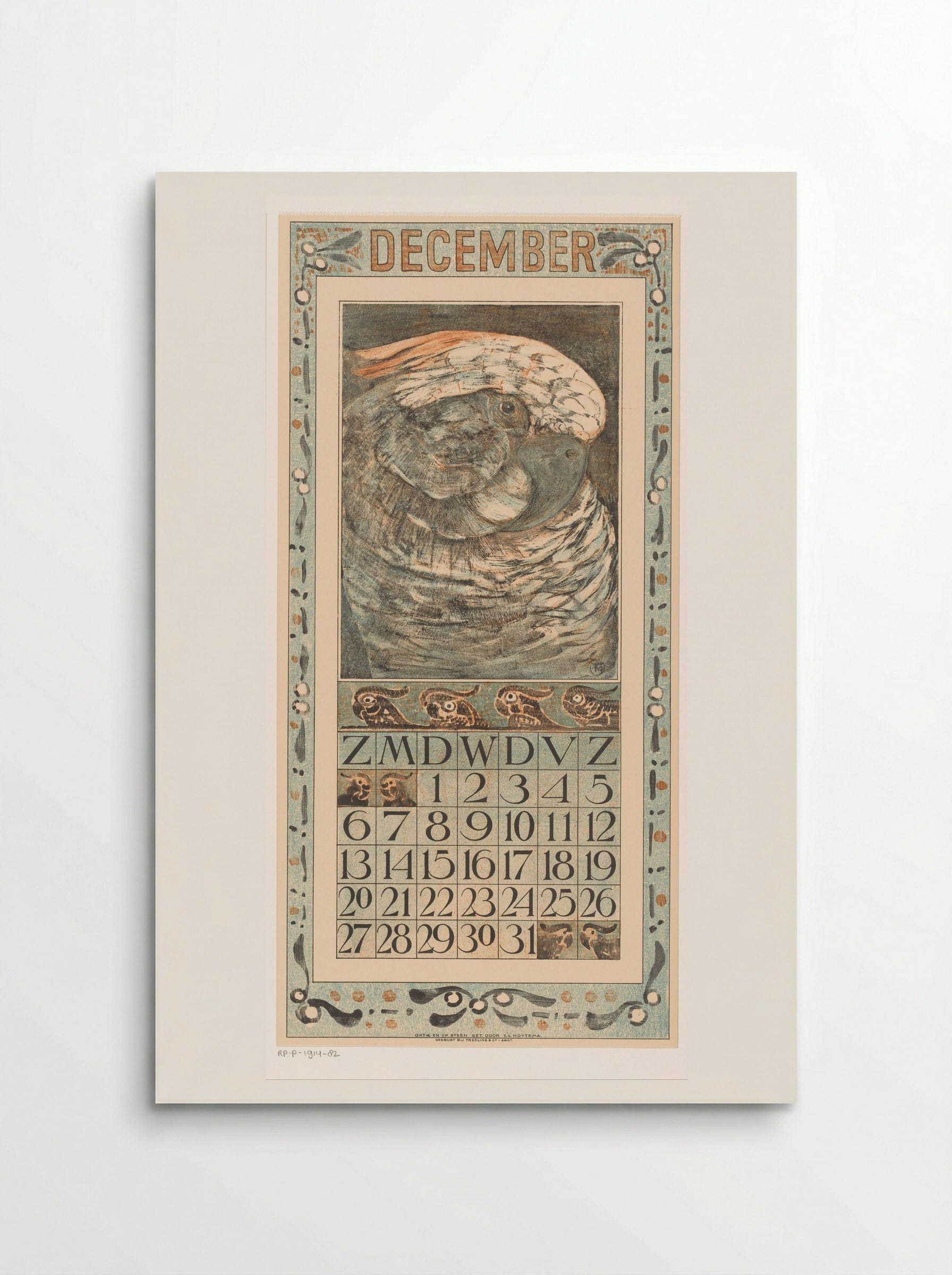 Kalenderblad december met papegaai - Theo van Hoytema - Poster