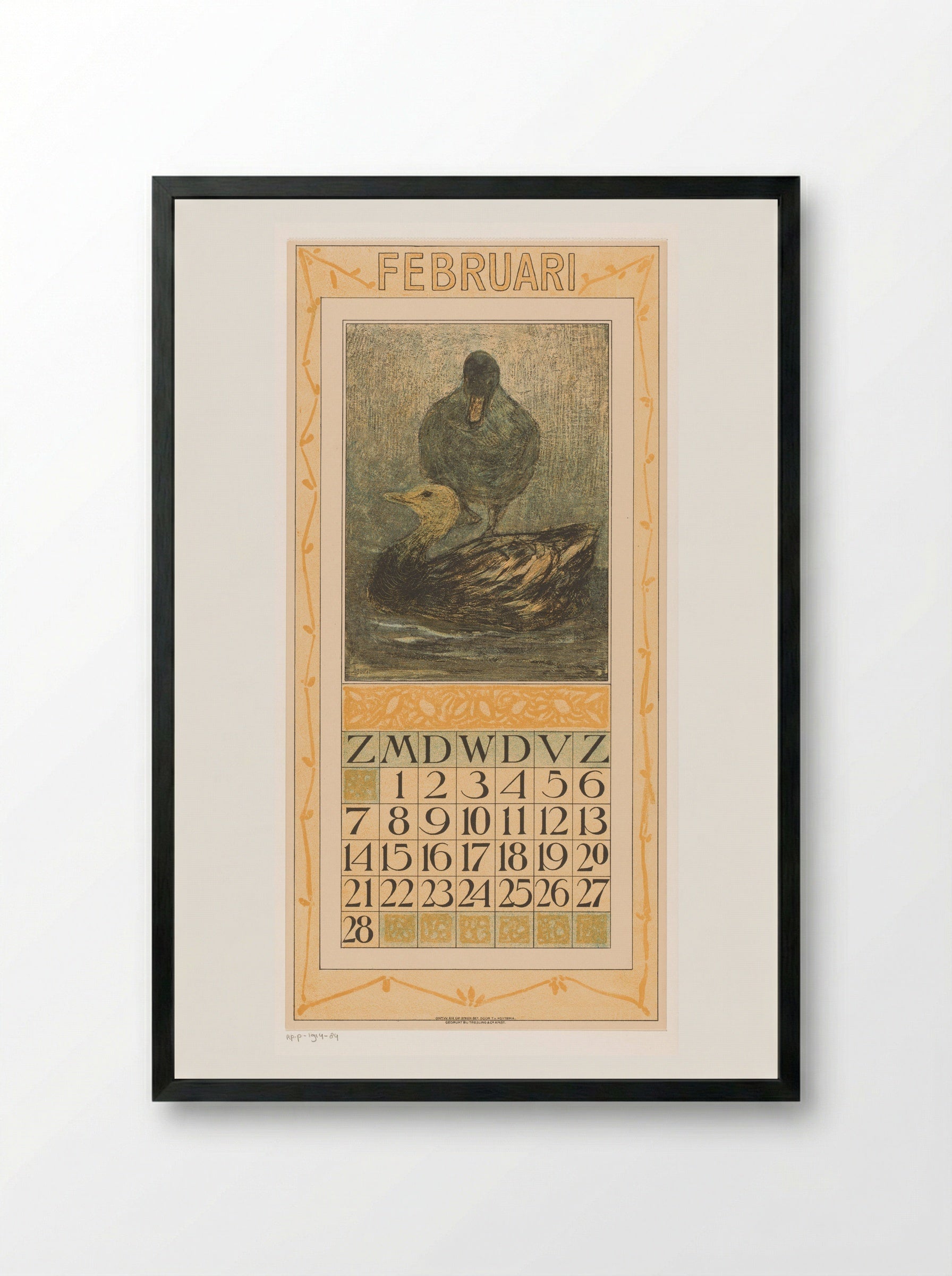 Kalenderblad februari met staande en zwemmende eend - Theo van Hoytema - Framed Print Black