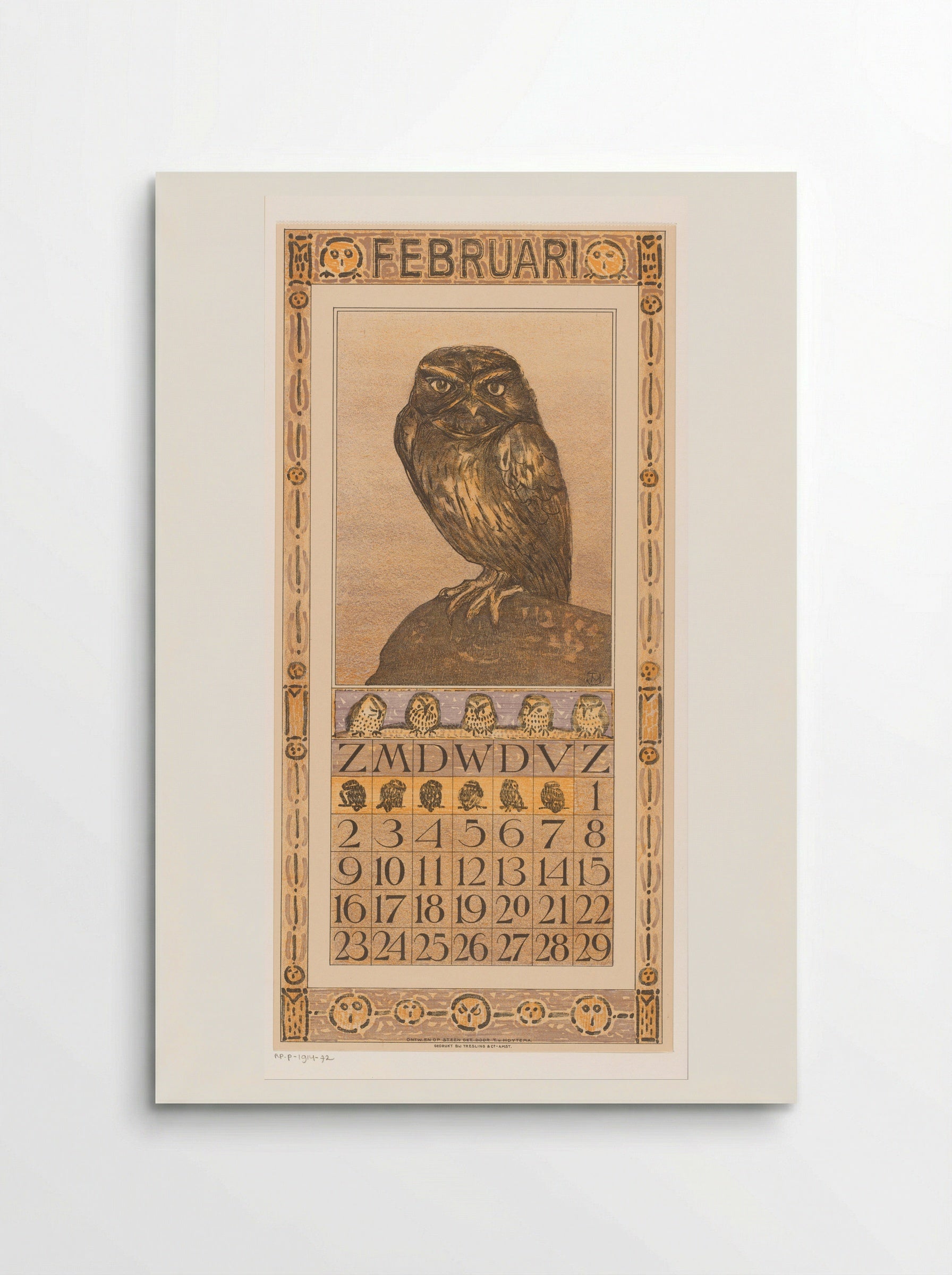 Kalenderblad februari met uil - Theo van Hoytema - Poster
