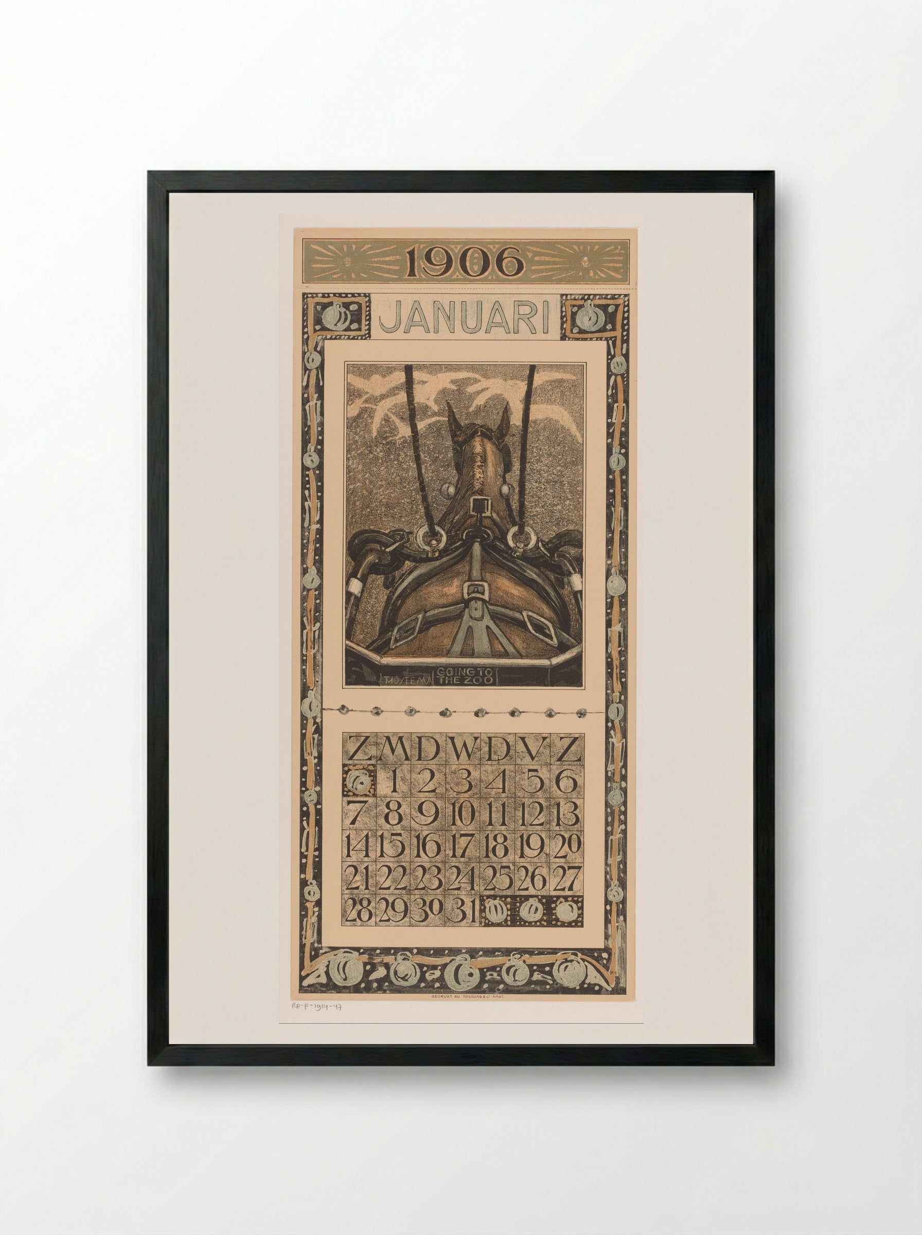 Kalenderblad januari met ingespannen paard - Theo van Hoytema - Framed Print Black