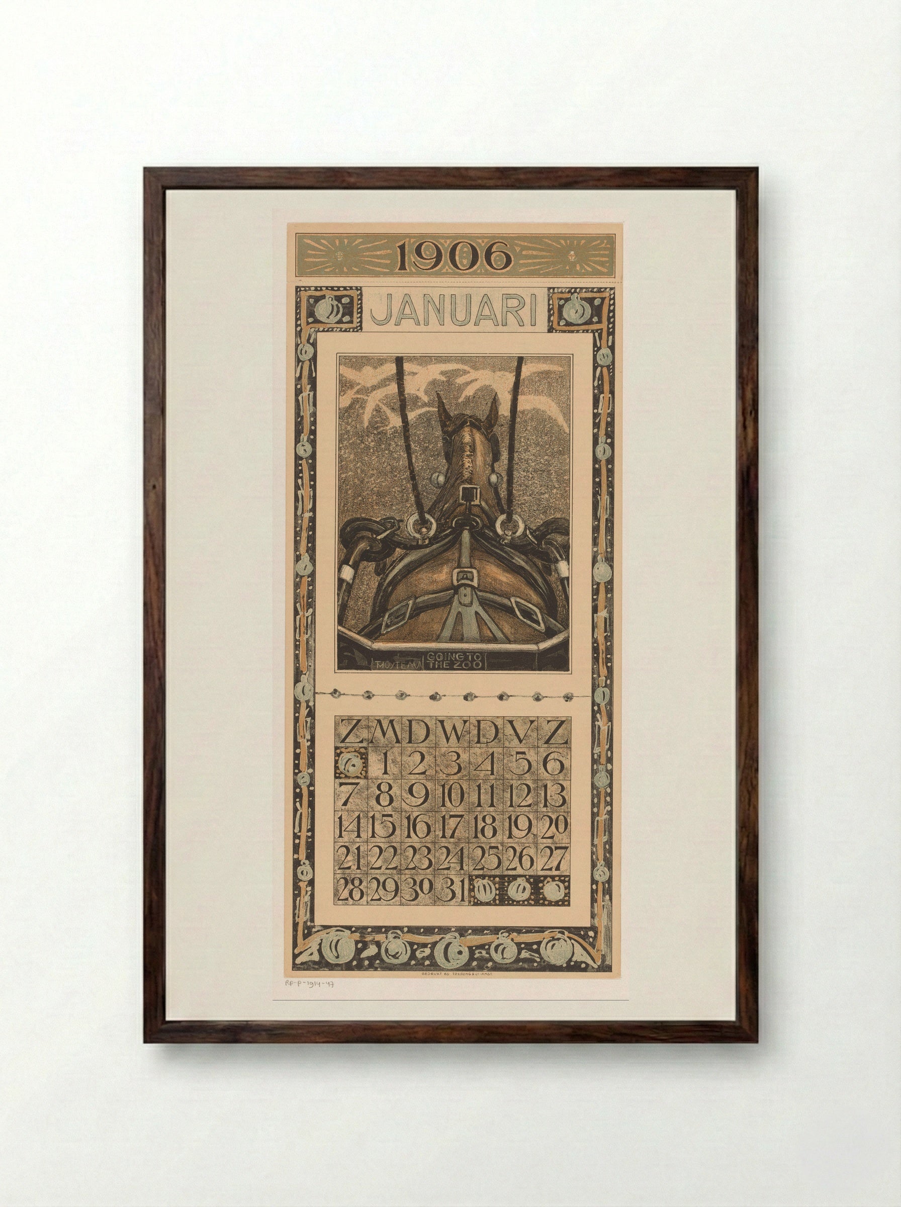 Kalenderblad januari met ingespannen paard - Theo van Hoytema - Framed Print Dark Wood