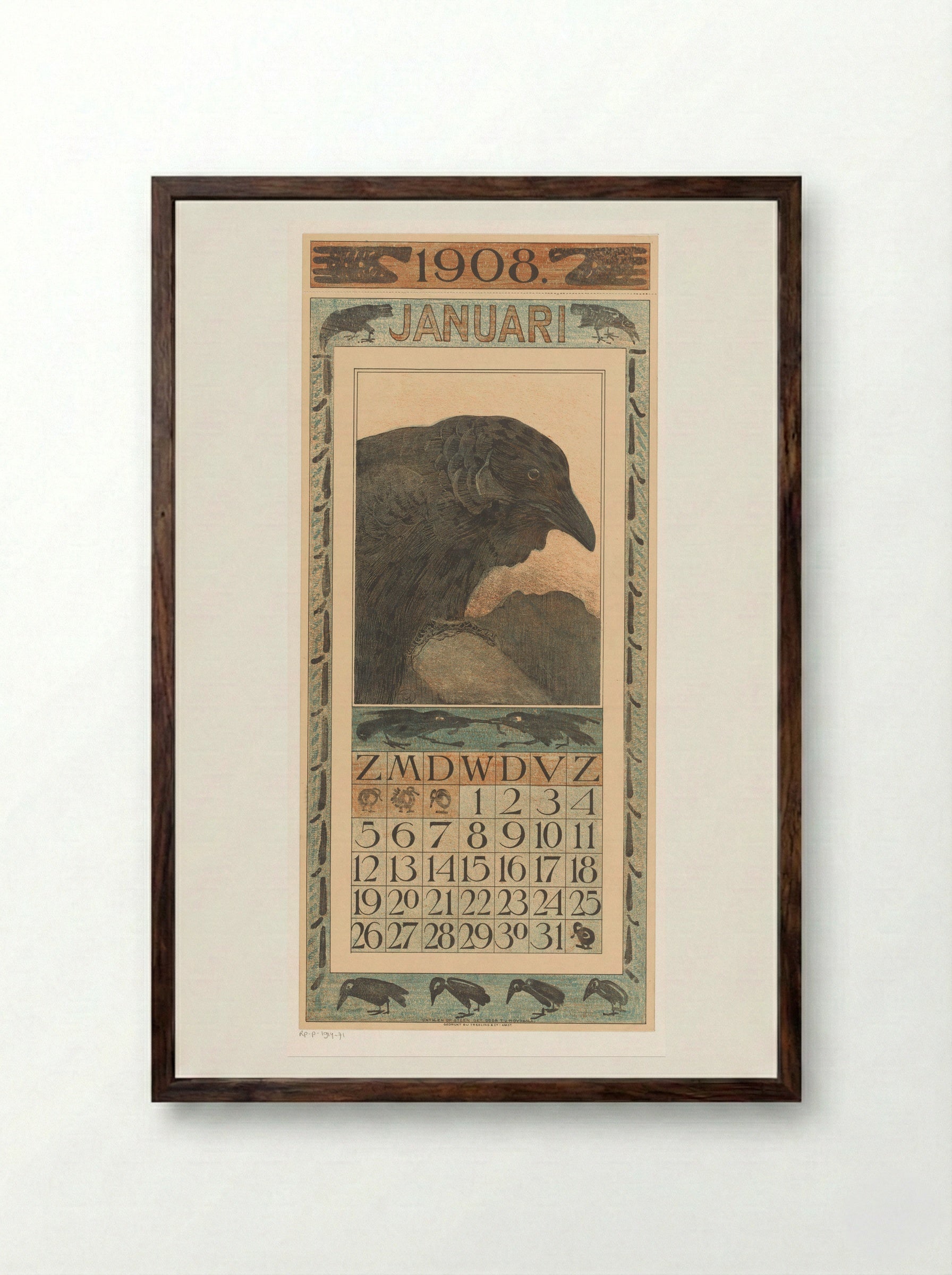 Kalenderblad januari met kraai - Theo van Hoytema - Framed Print Dark Wood
