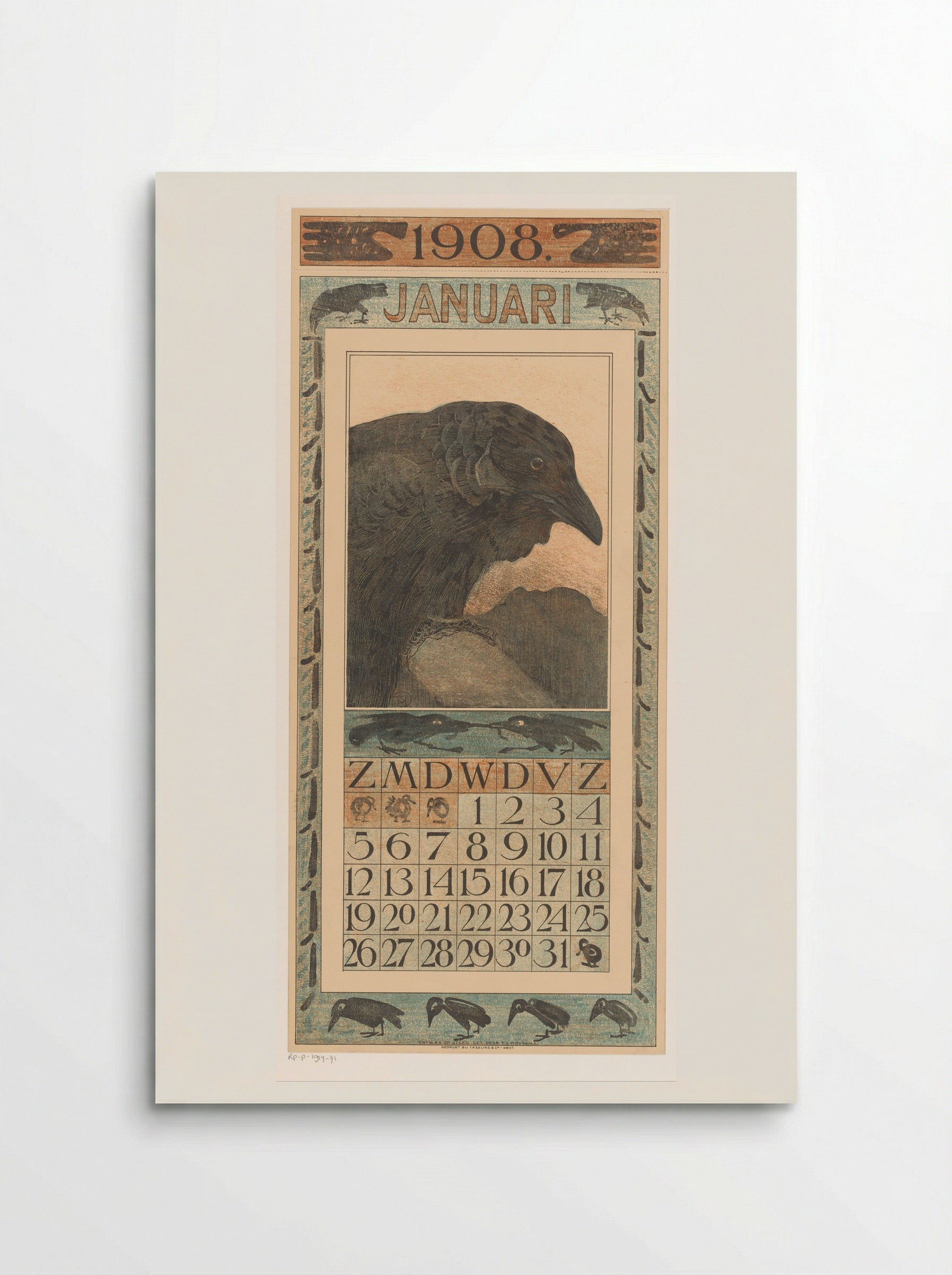 Kalenderblad januari met kraai - Theo van Hoytema - Poster