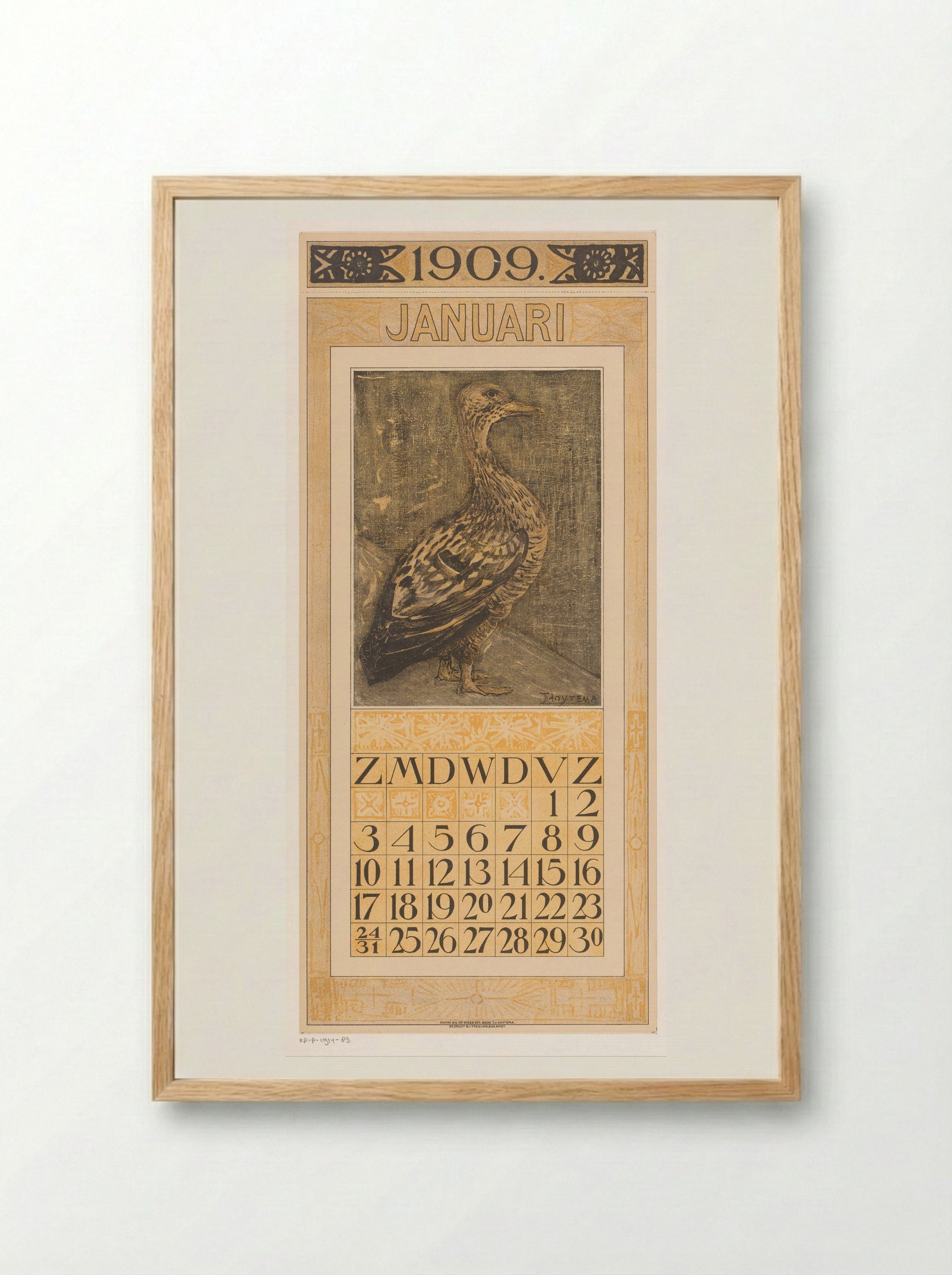 Kalenderblad januari met staande eend - Theo van Hoytema - Framed Print Wood