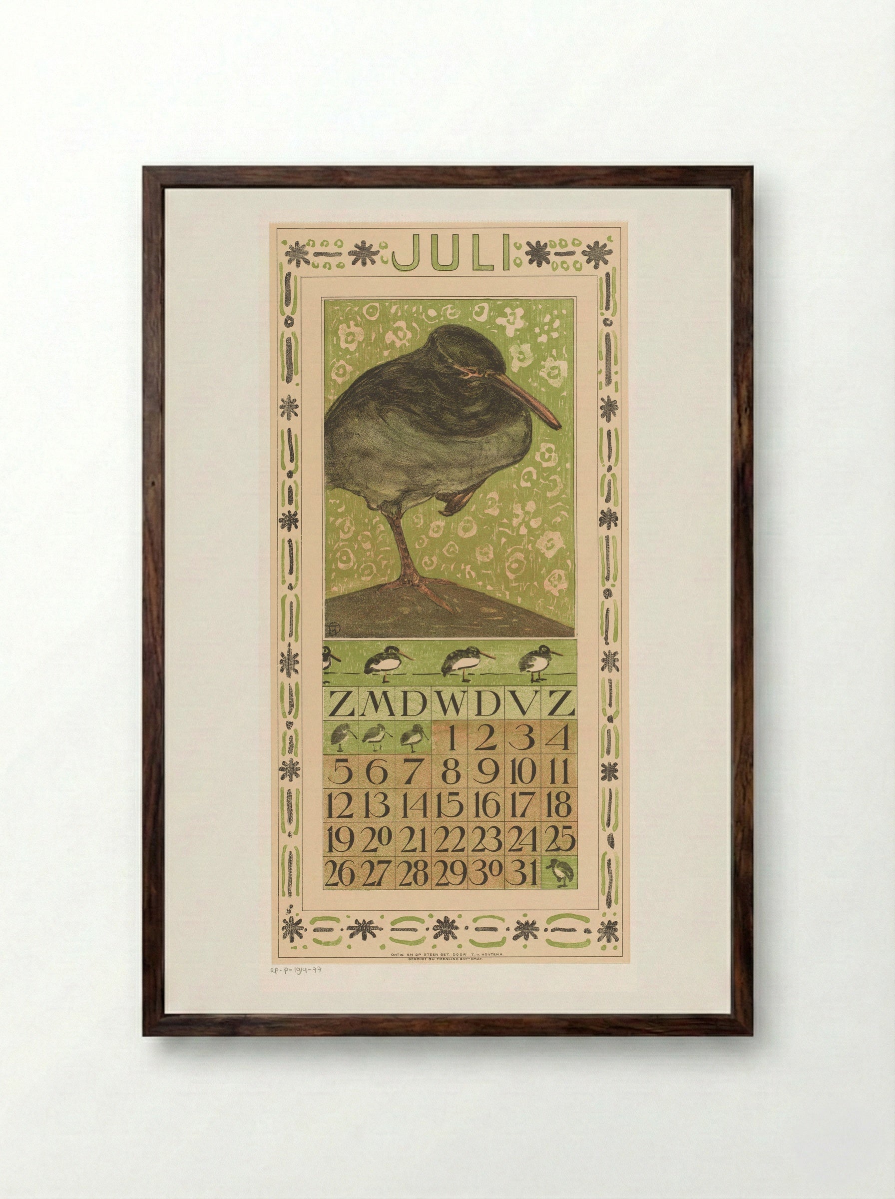Kalenderblad juli met scholekster - Theo van Hoytema - Framed Print Dark Wood