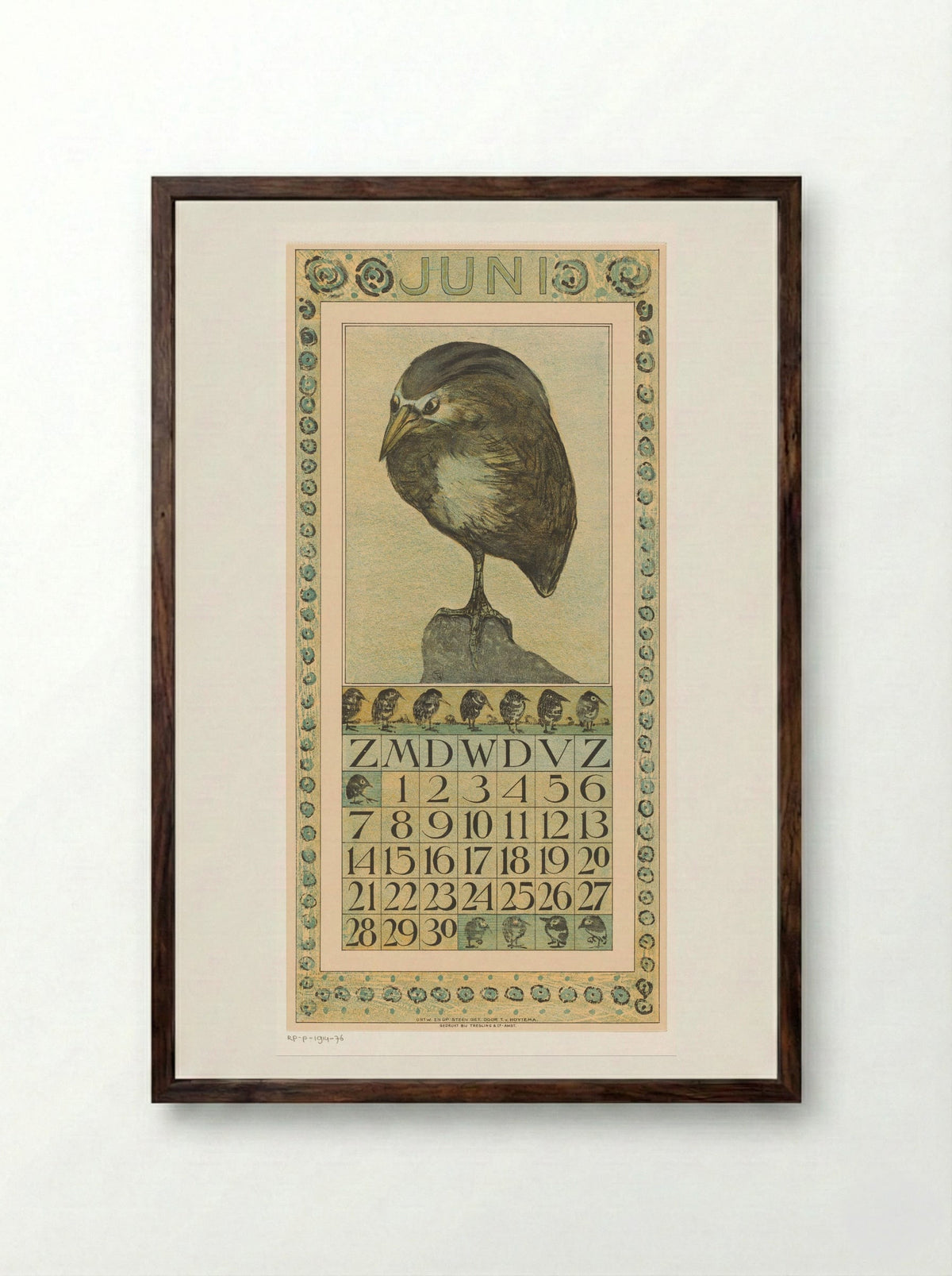 Kalenderblad juni met kwak - Theo van Hoytema - Framed Print Dark Wood