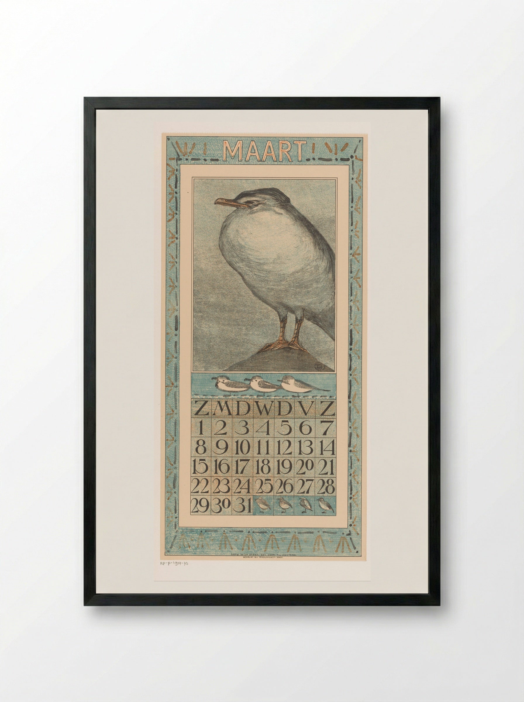 Kalenderblad maart met zilvermeeuw - Theo van Hoytema - Framed Print Black