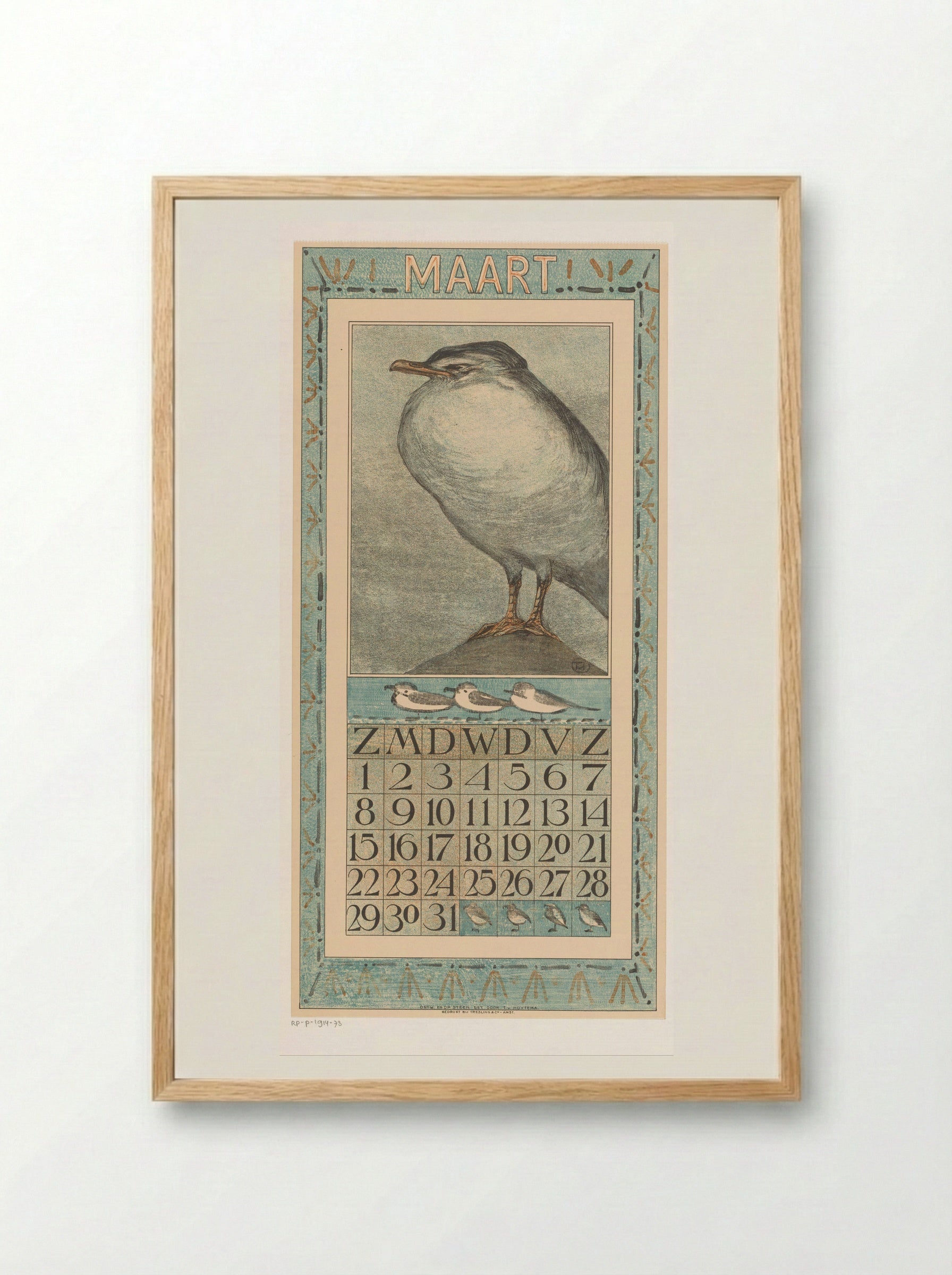 Kalenderblad maart met zilvermeeuw - Theo van Hoytema - Framed Print Wood