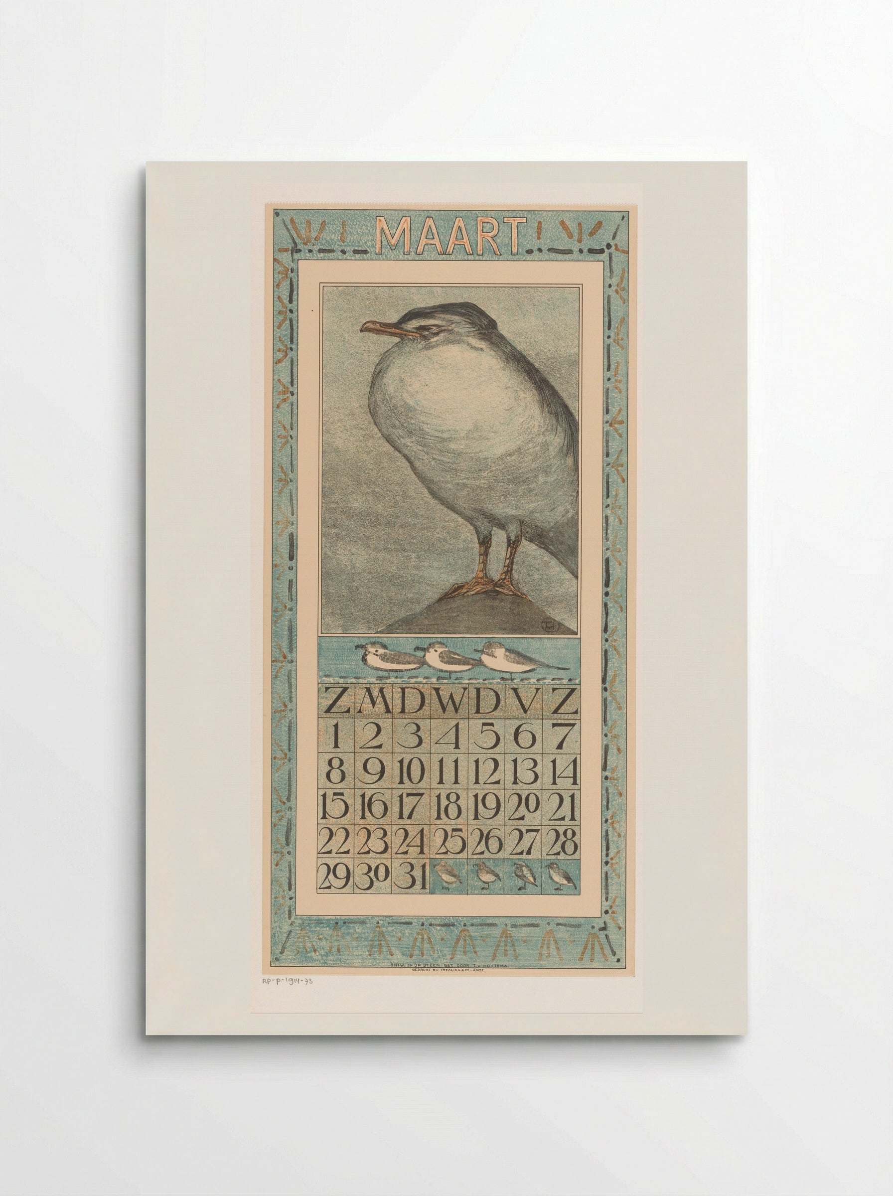 Kalenderblad maart met zilvermeeuw - Theo van Hoytema - Poster