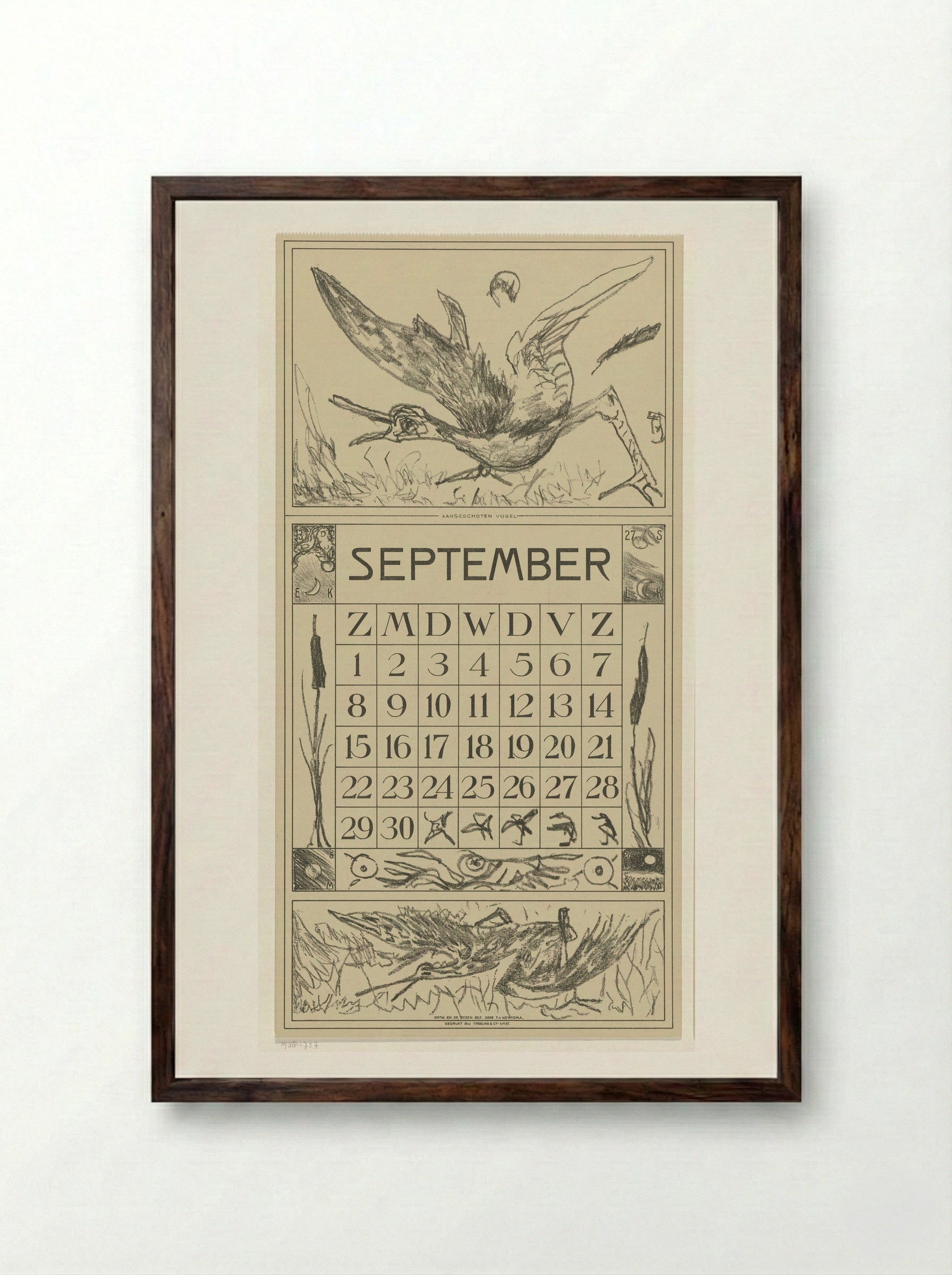 Kalenderblad september met twee vogels - Theo van Hoytema - Framed Print Dark Wood