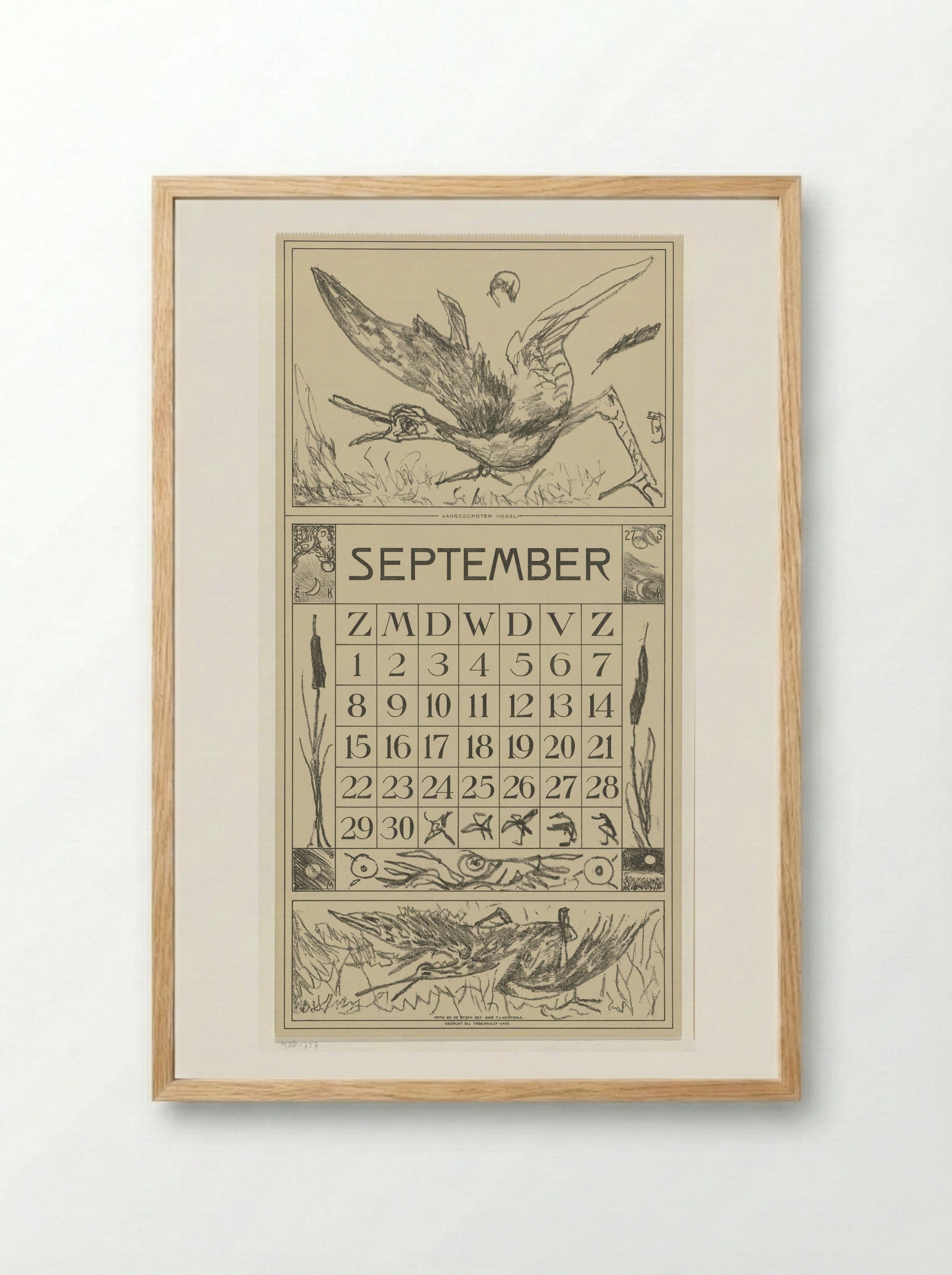 Kalenderblad september met twee vogels - Theo van Hoytema - Framed Print Wood