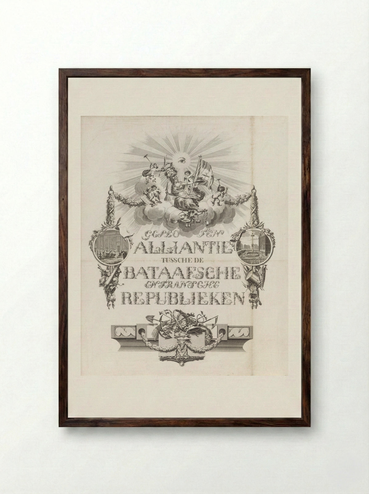 Kalligrafische allegorie op de Alliantie in 1795 - Jan Lucas van der Beek - Framed Print Dark Wood