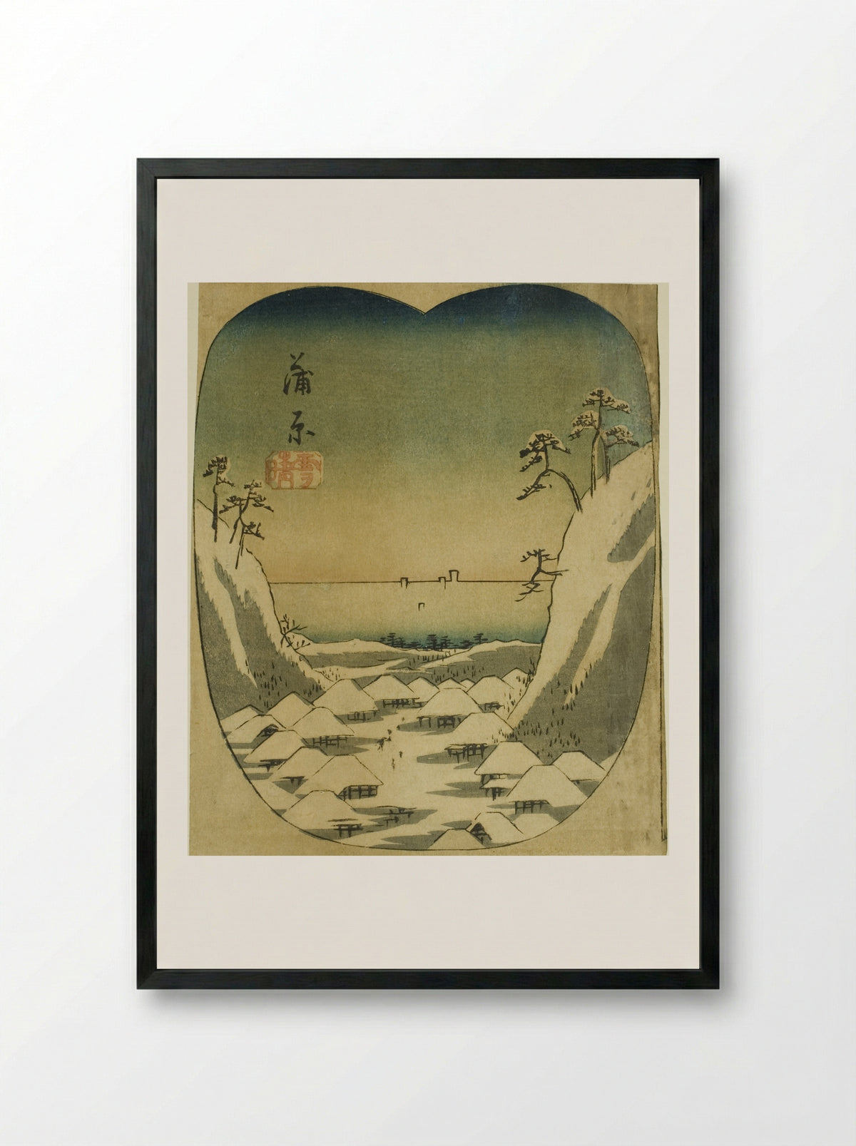 Kanbara, section of sheet no. 4 from the series Cutouts of the Fifty-three Stations - Utagawa Hiroshige - Framed Print Black