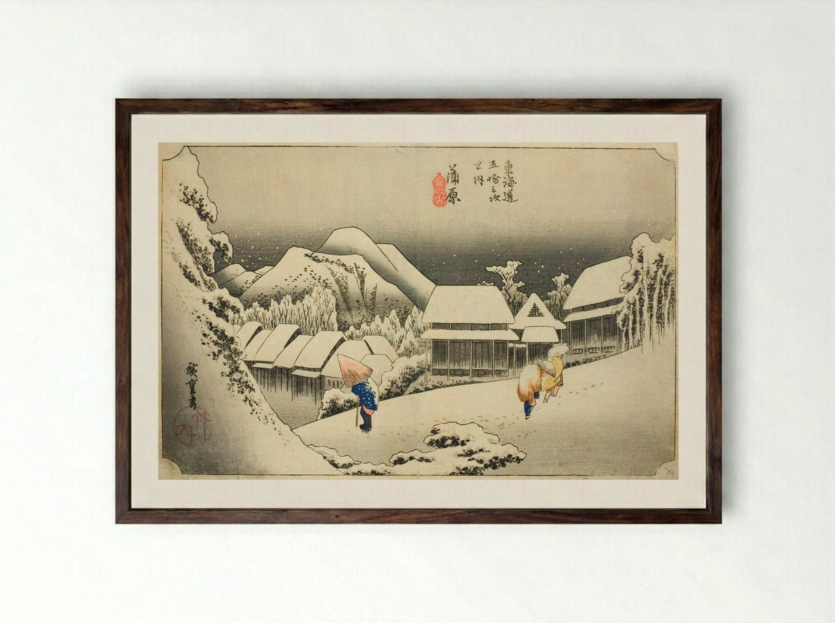 Kanbara: Evening Snow - Utagawa Hiroshige - Framed Print Dark Wood
