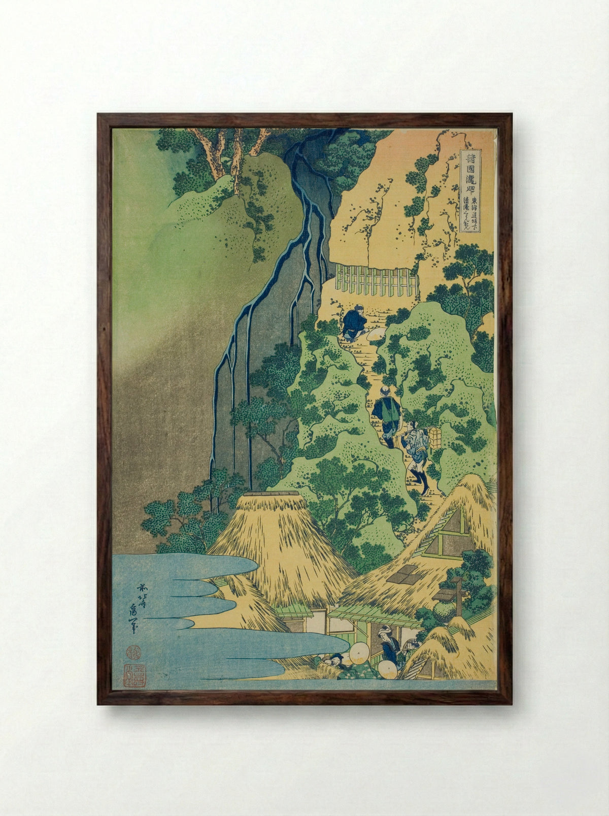 Kannon Shrine at Kiyo Falls at Sakanoshita on the Tōkaidō - Katsushika Hokusai - Framed Print Dark Wood