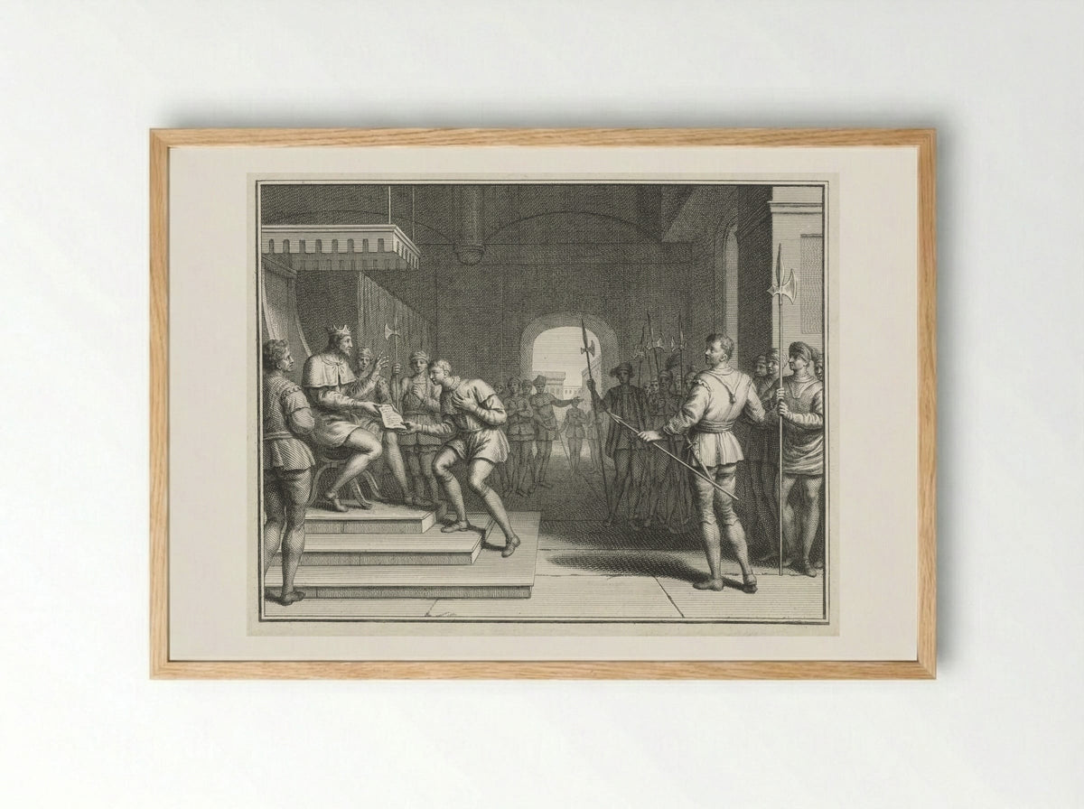 Karel de Eenvoudige verleent Dirk I de titel graaf van Holland - Pieter Tanjé - Framed Print Wood