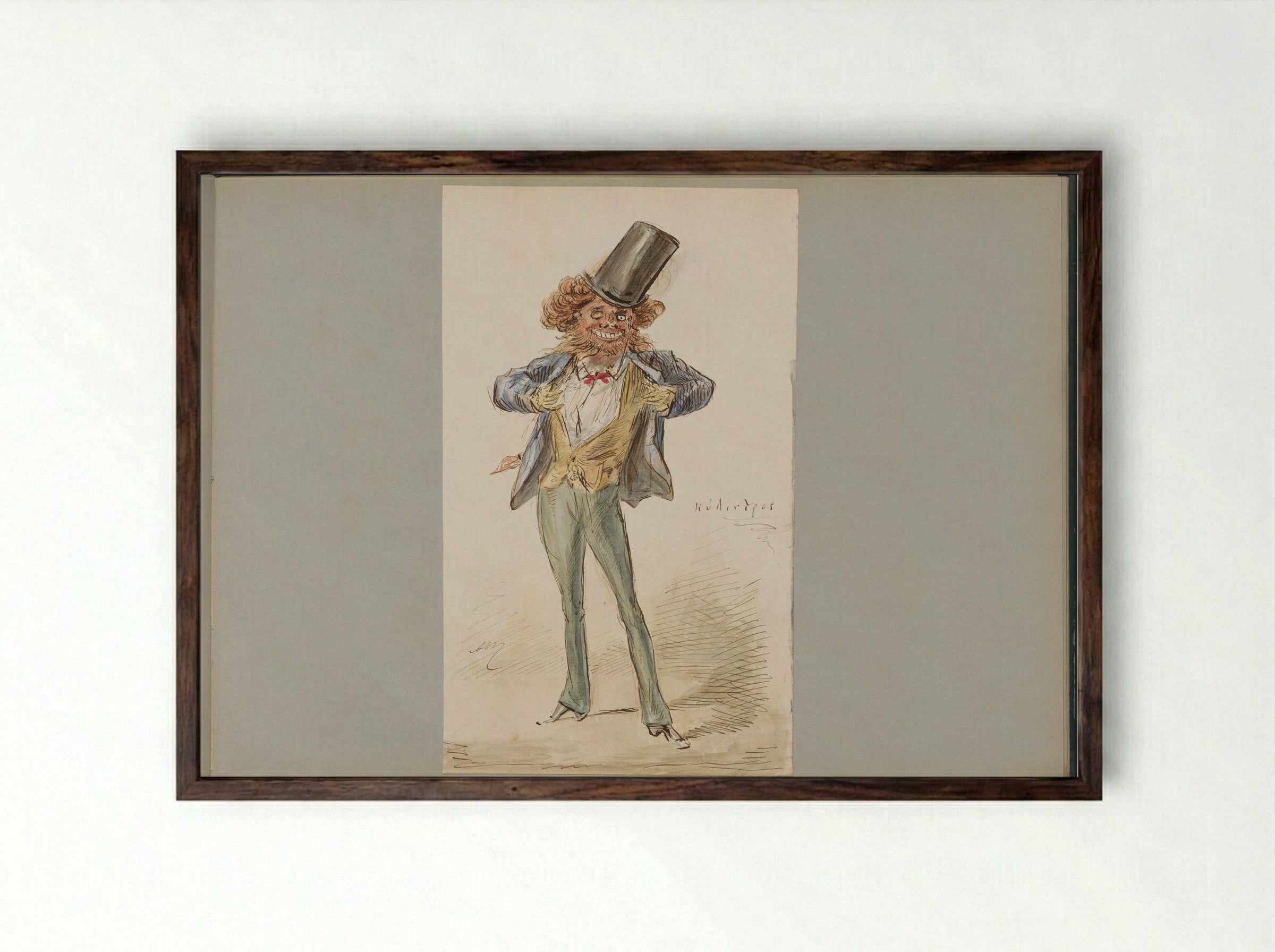Karikaturale figuur met een bolhoed - Alexander Ver Huell - Framed Print Dark Wood