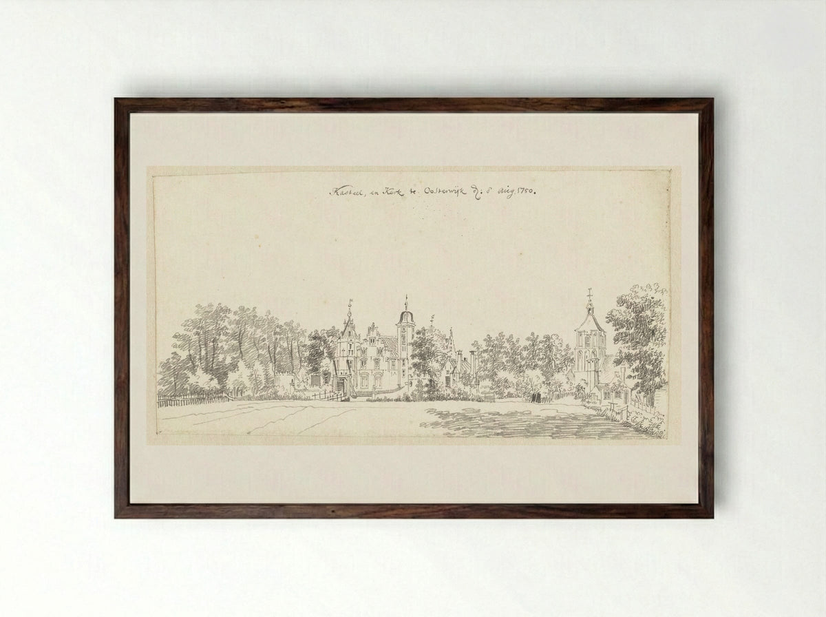 Kasteel en kerk te Oosterwijk, bij Heukelum - Jan de Beijer - Framed Print Dark Wood