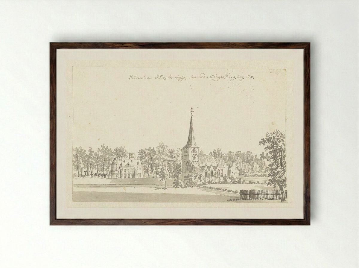 Kasteel en kerk te Spijk - Jan de Beijer - Framed Print Dark Wood