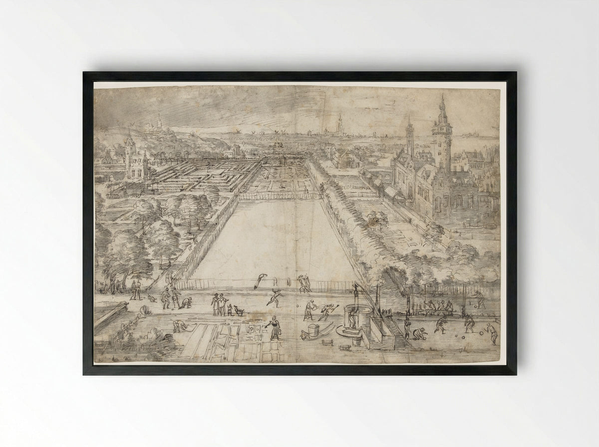Kasteel met een park in de nabijheid van een stad - Frederik van Valckenborch - Framed Print Black